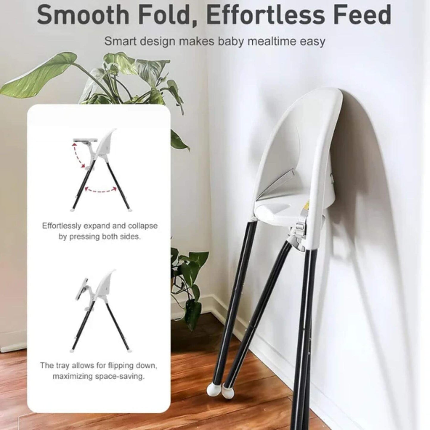 SEGLONIA 3-in-1 Folding High Chair White/Black with text on a wooden floor and plant background
