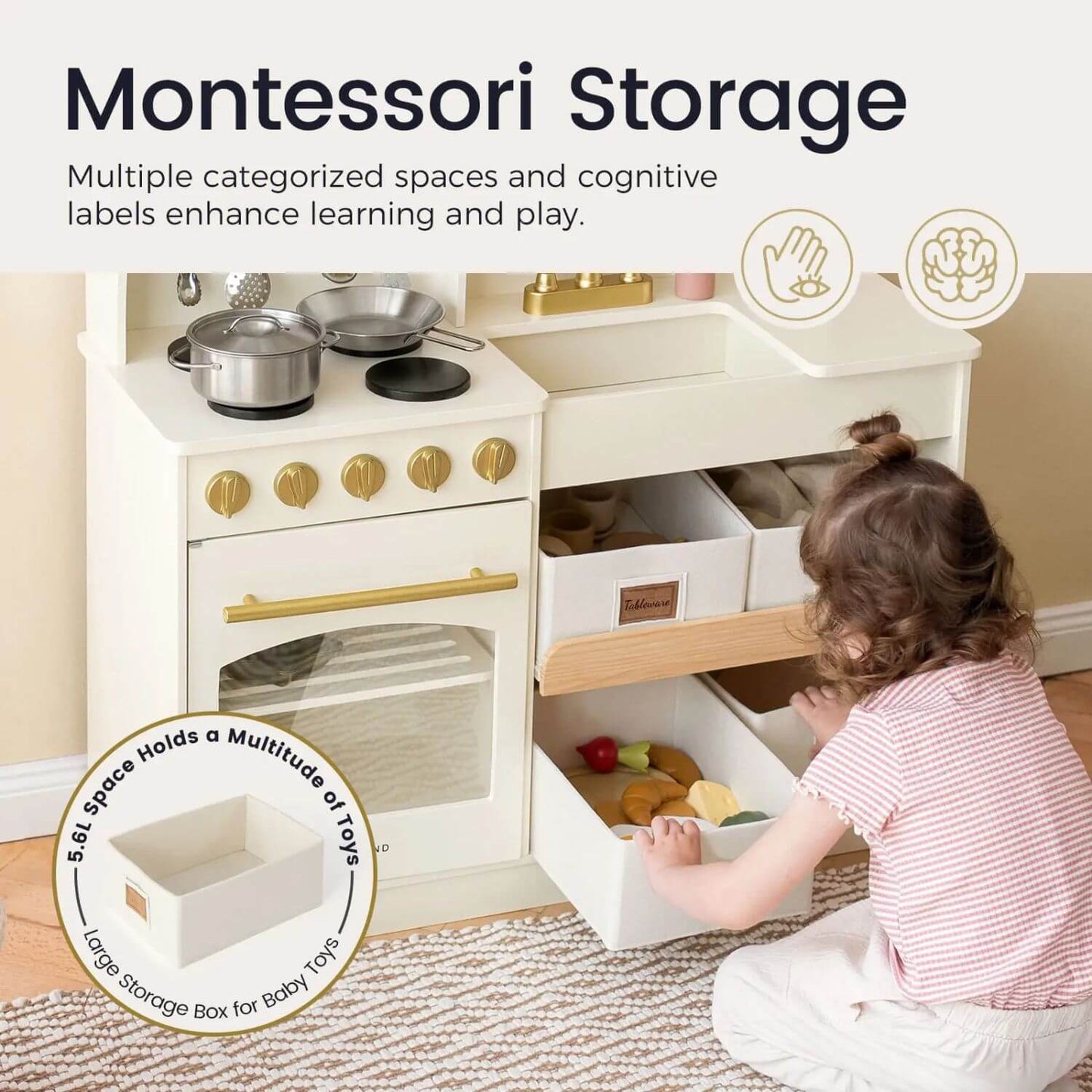 Girl Playing Tiny Land® Serenity Play Kitchen - Cream