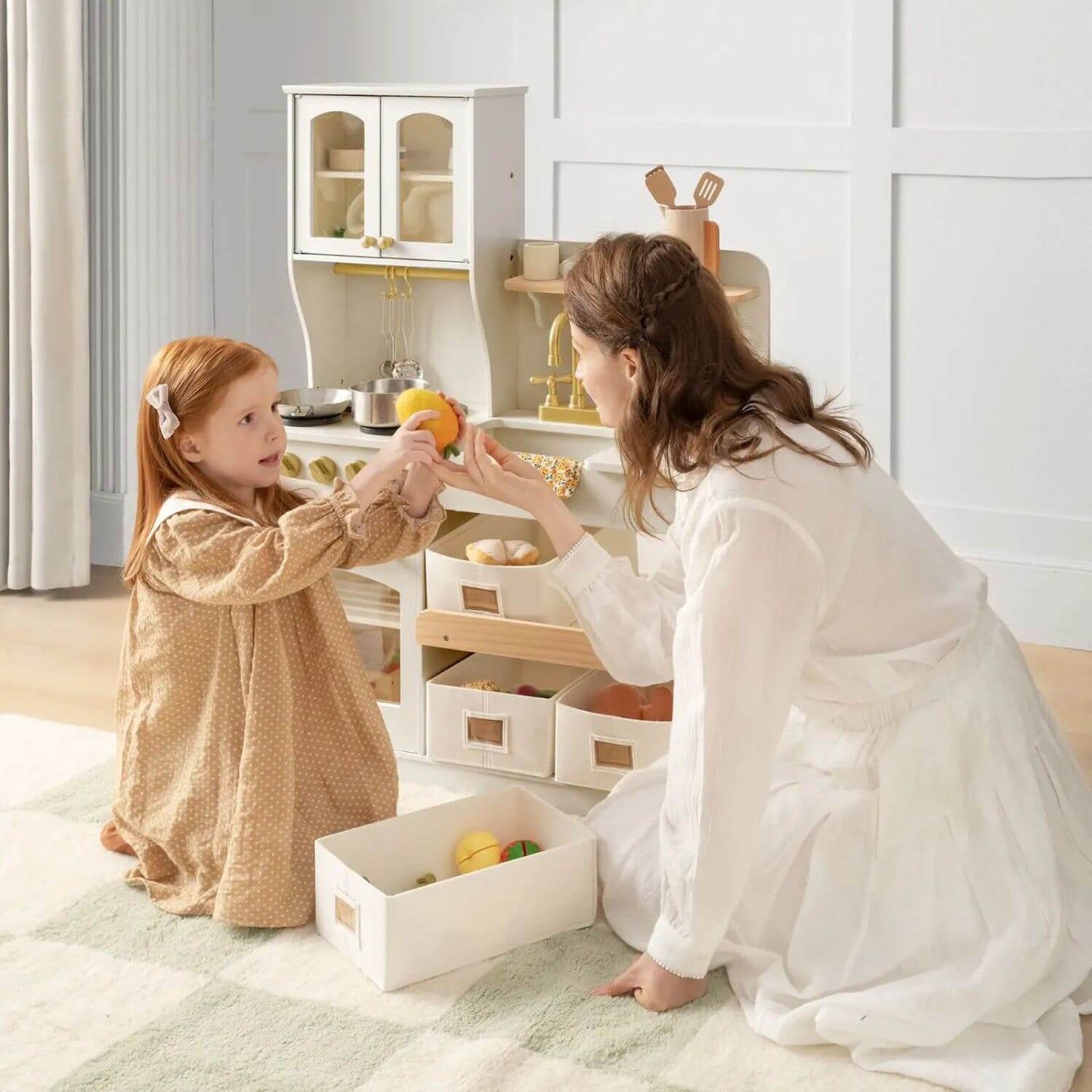 Mom & Girl Playing Tiny Land® Serenity Play Kitchen - Cream