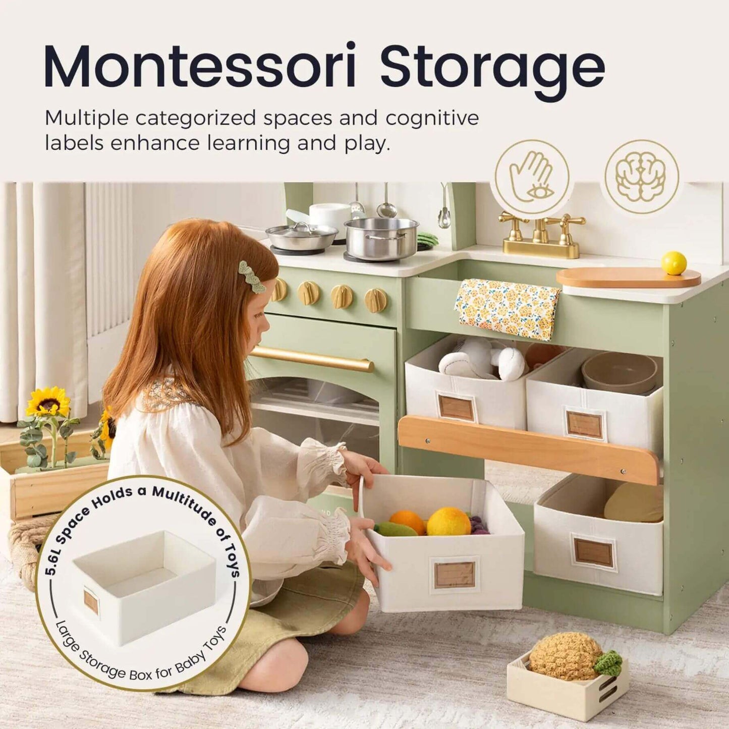 Child playing with a Tiny Land® Serenity Play Kitchen Sage Green, highlighting storage and educational elements.
