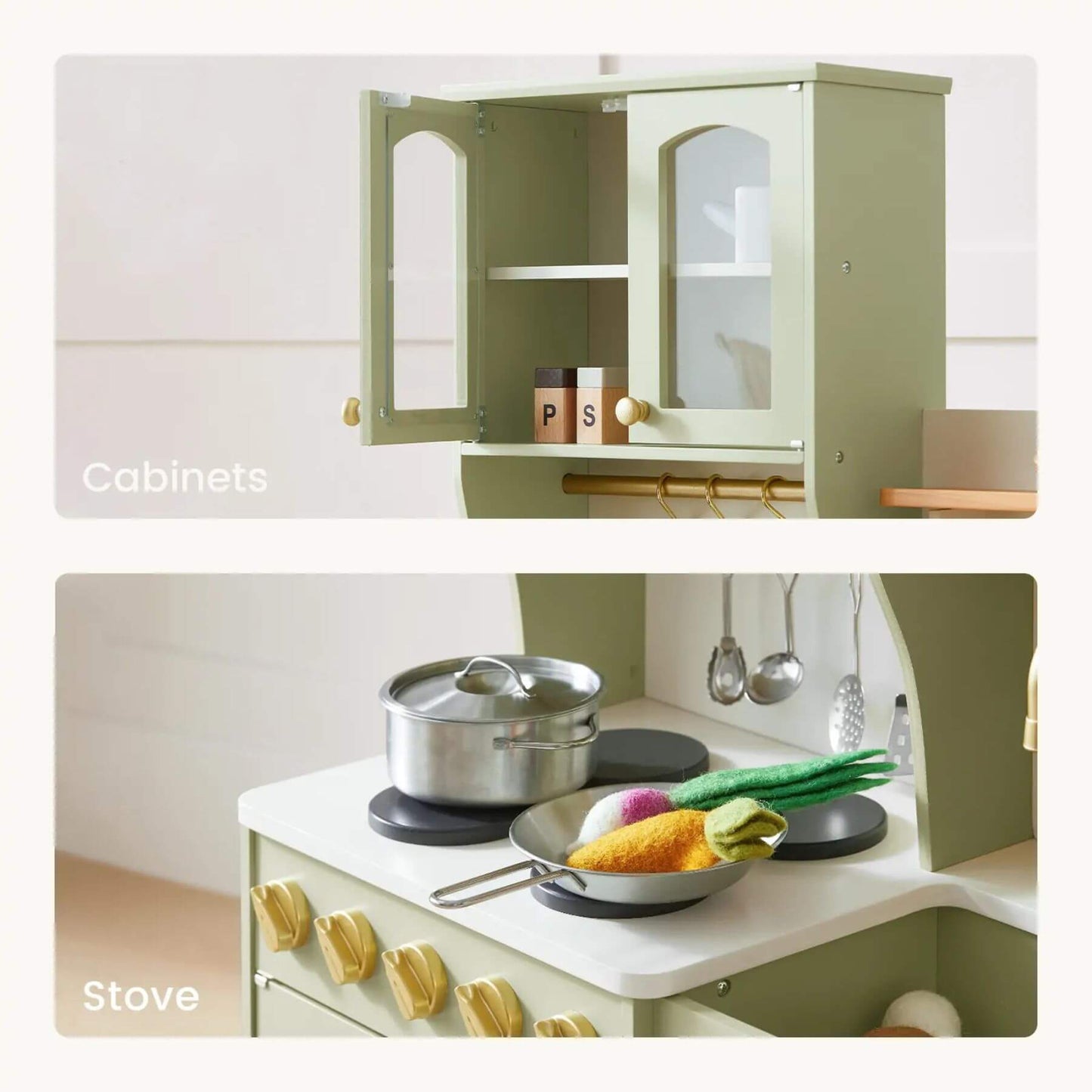 Tiny Land® Serenity Play Kitchen Sage Green, featuring cookware and vegetables.