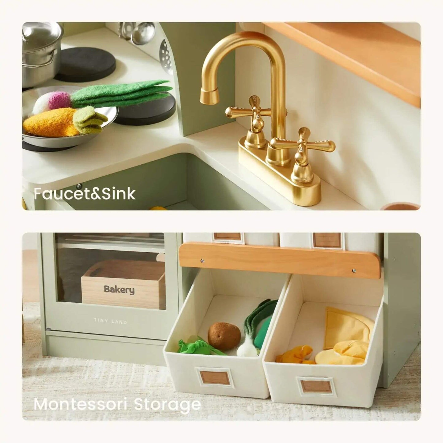 Top image of a gold faucet and sink, bottom image of Montessori storage with toy vegetables and fruits.