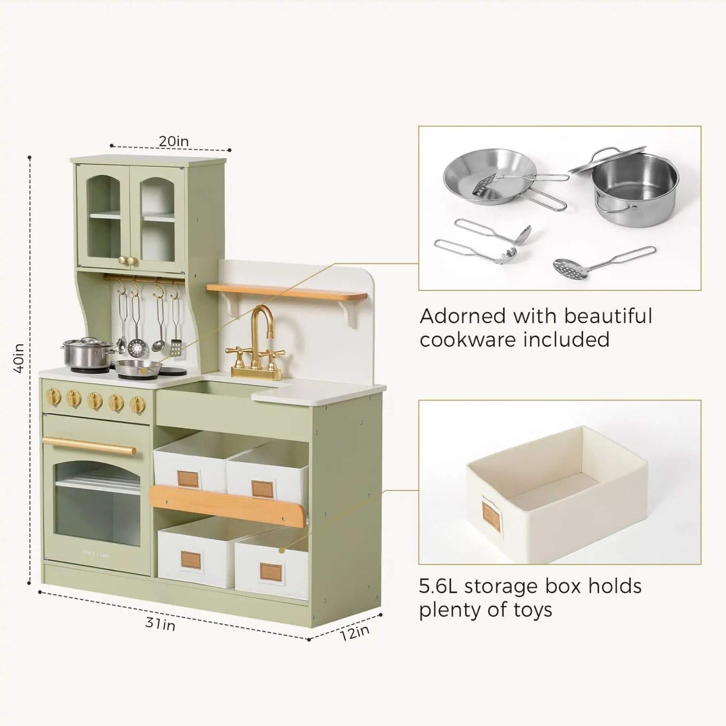 Tiny Land® Serenity Play Kitchen Sage Green with measurements and included cookware on a white background