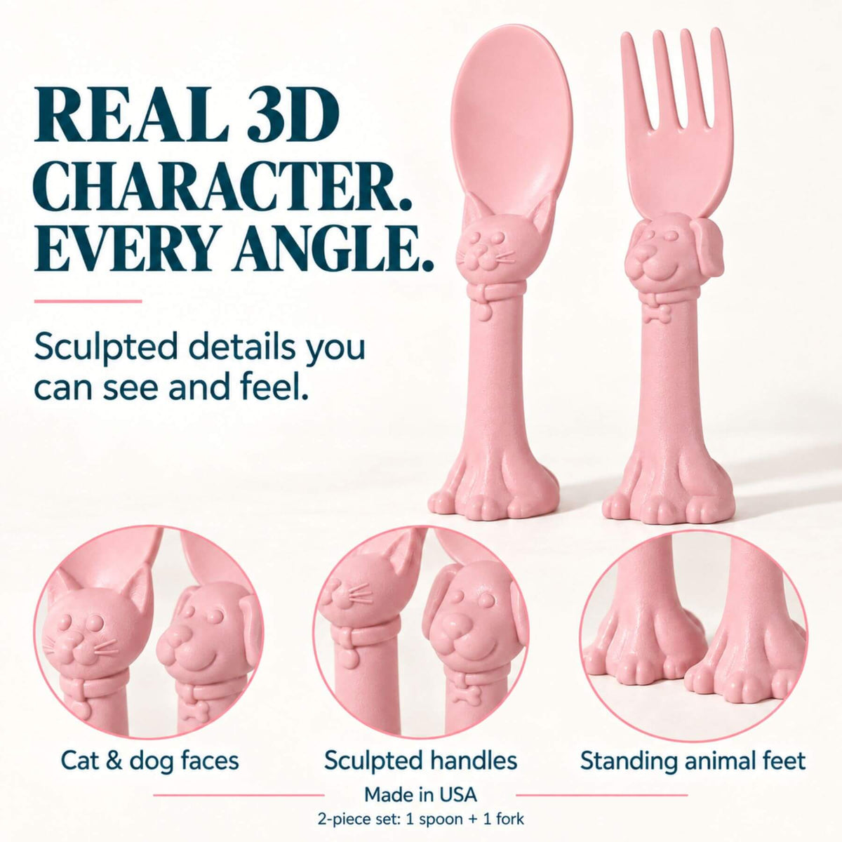 Spoon la la Toddler Utensils — 2-Pack - Pink. The image includes marketing text and three circular detail insets showing the cat face, dog face, and standing feet.