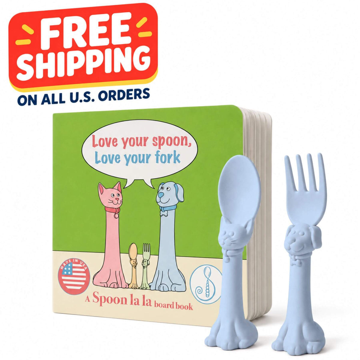 A Spoon la la board book set shown on a white background with a red and yellow 'FREE SHIPPING ON ALL U.S.