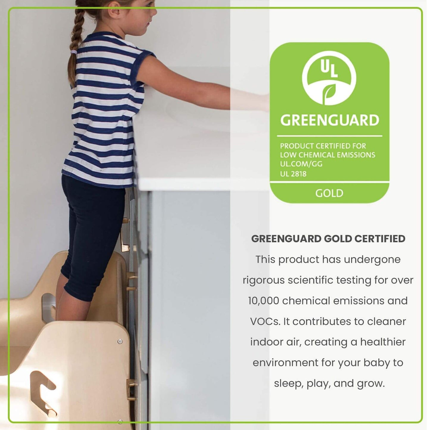 Girl Standing on Little Partners StepUp Step Stool Natural