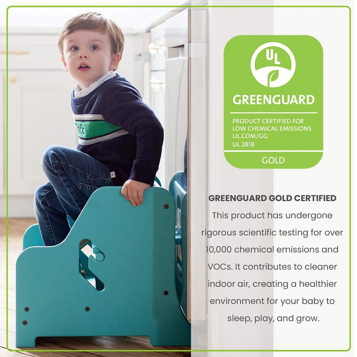 Boy Sitting on Little Partners StepUp Step Stool Turquois