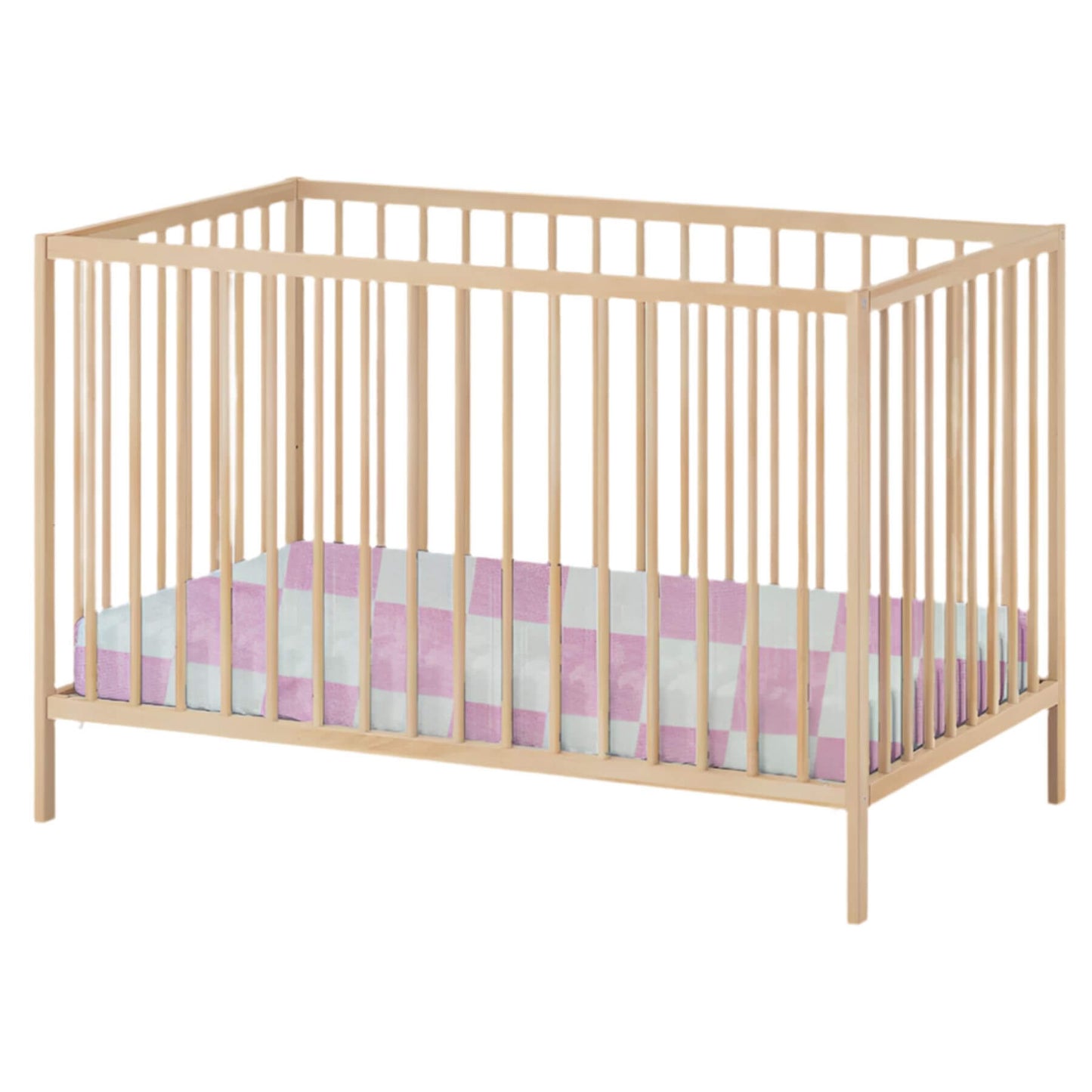 Wooden crib with Sugar Pink & White Checkered Crib Sheet and mattress