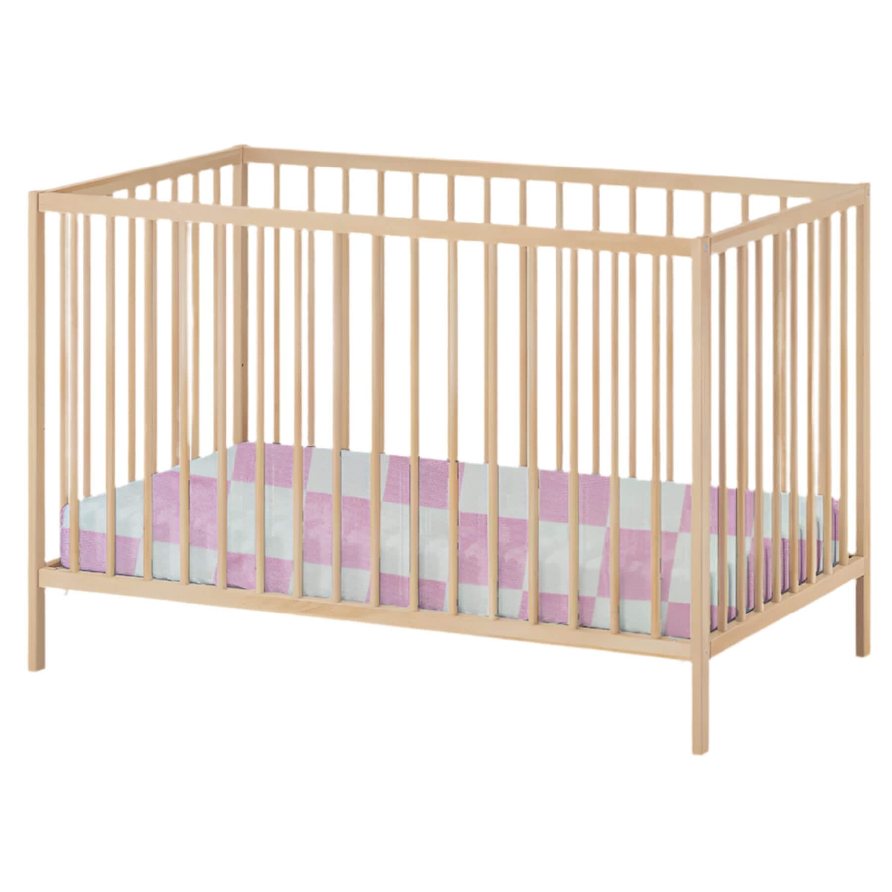Wooden crib with Sugar Pink & White Checkered Crib Sheet and mattress