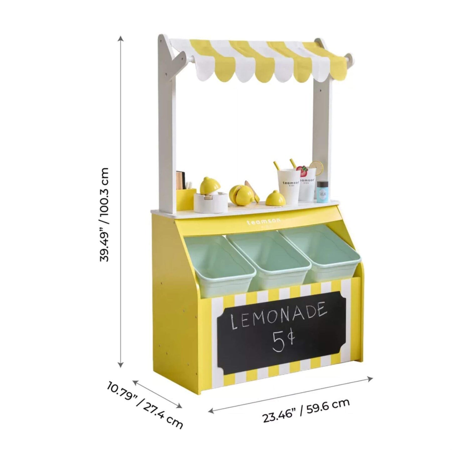 Teamson Sunny Citrus Lemonade Stand Playset with dimensions on a white background