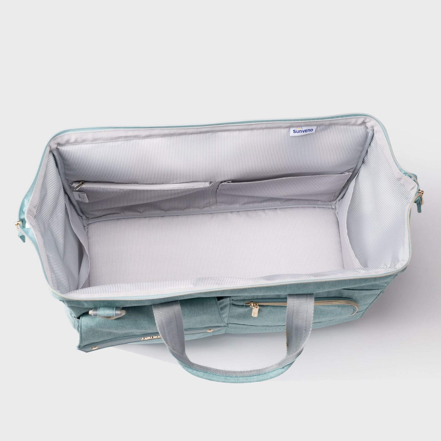 Sunveno 3 in 1 Diaper Travel Tote Bag - Green with interior compartments on a white background