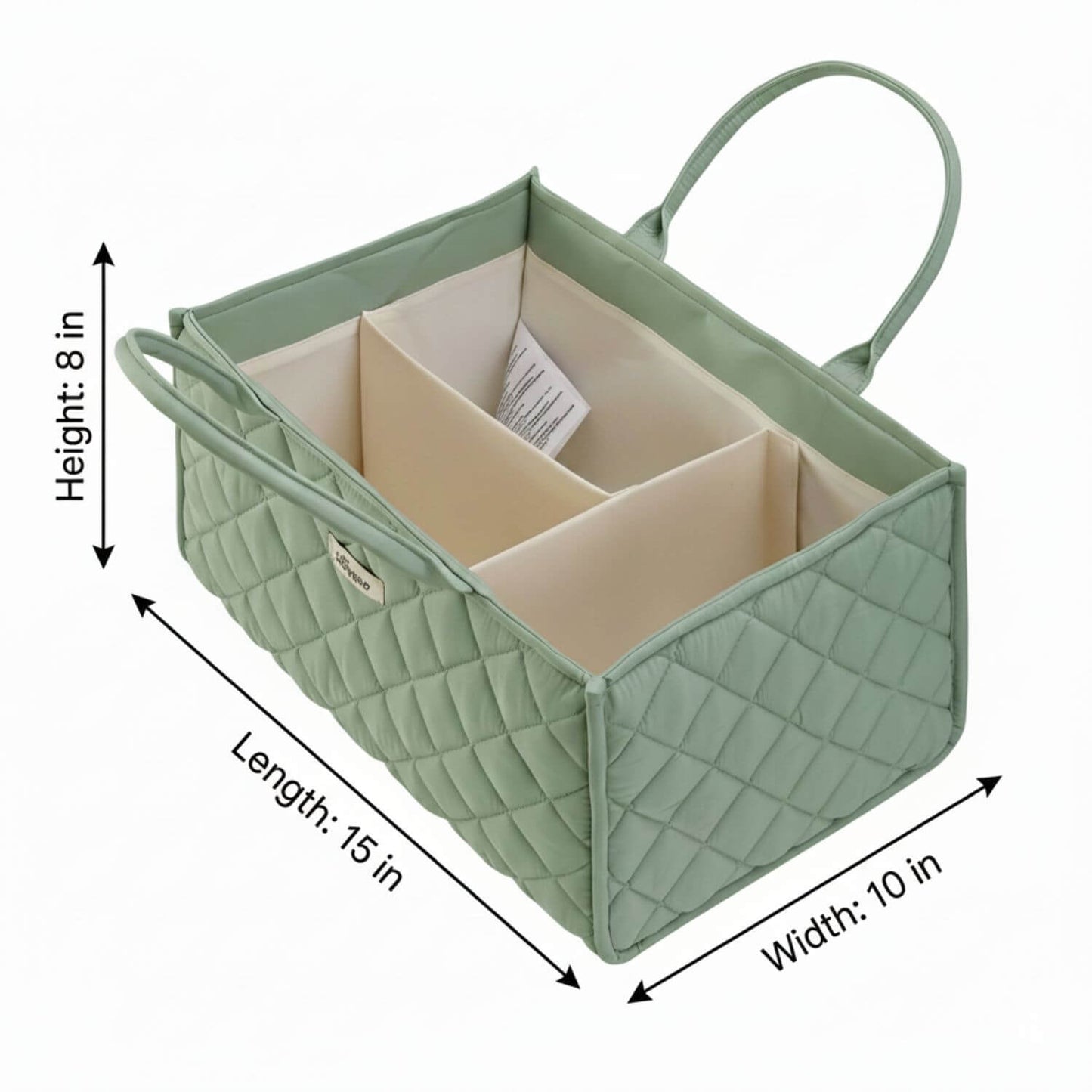 Sunveno Quilted Diaper Caddy Organizer - Green with dimensions indicated on a white background