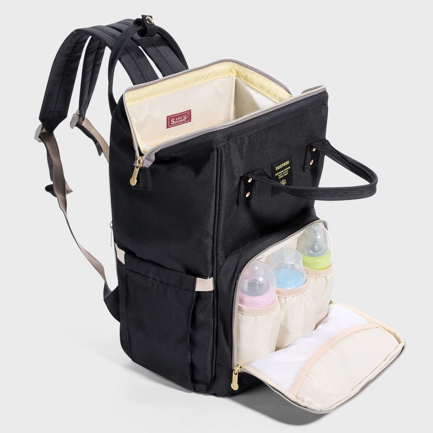 Sunveno Classic Embroidered Diaper Backpack with baby bottles and accessories