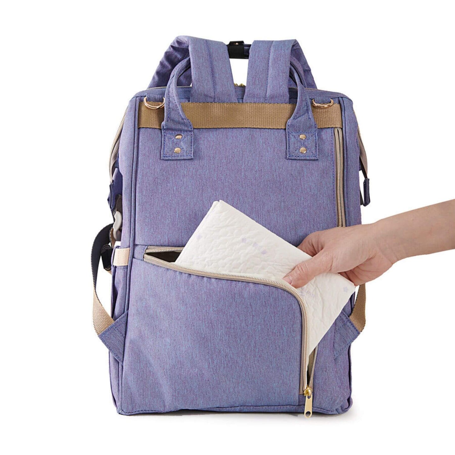 Sunveno Classic Embroidered Diaper Backpack - Purple Deer with a hand reaching in to pull out a white quilted item.