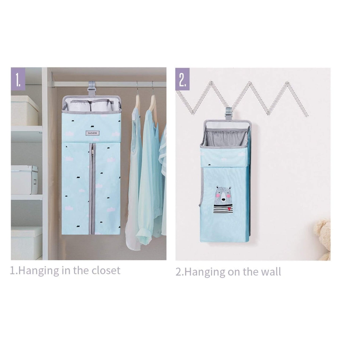 Product showing hanging storage solution for clothes with text indicating usage scenarios.