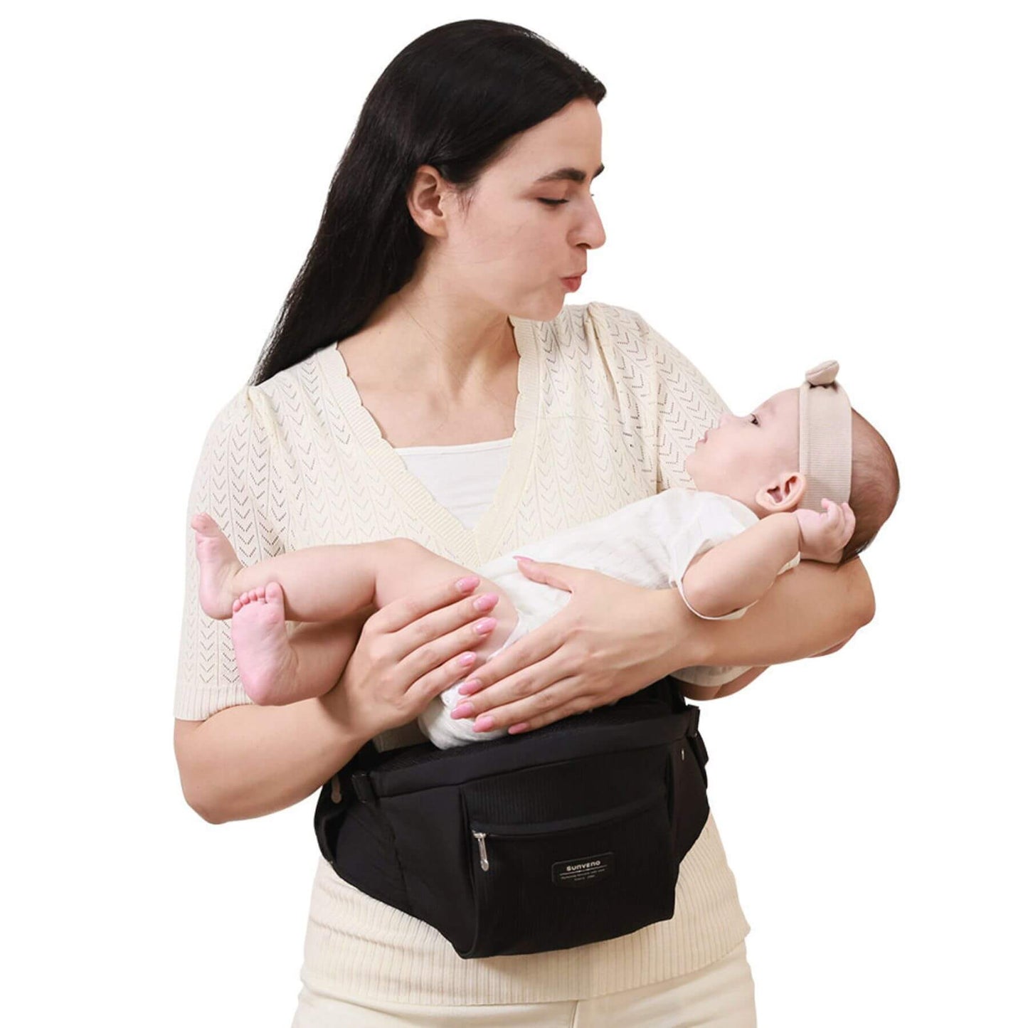 Woman holding a baby in Sunveno Easy Hold Baby Hipseat Carrier - Black