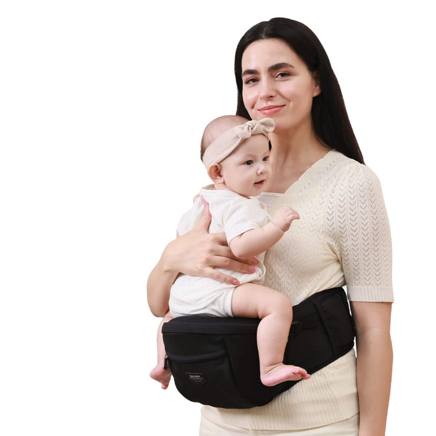 Woman holding a baby in Sunveno Easy Hold Baby Hipseat Carrier