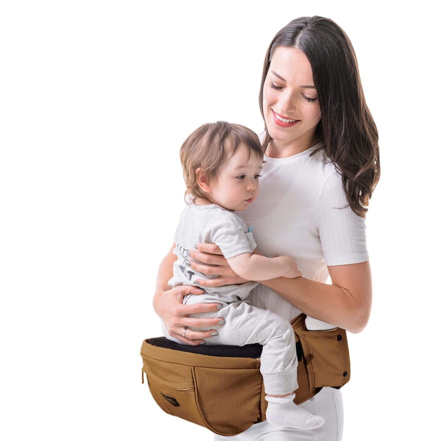 Woman holding a child using Sunveno Easy Hold Baby Hipseat Carrier - Brown