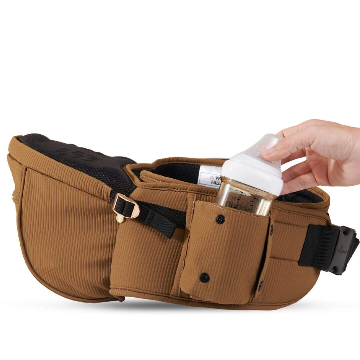 Sunveno Easy Hold Baby Hipseat Carrier - Brown with a hand holding a bottle, on a white background