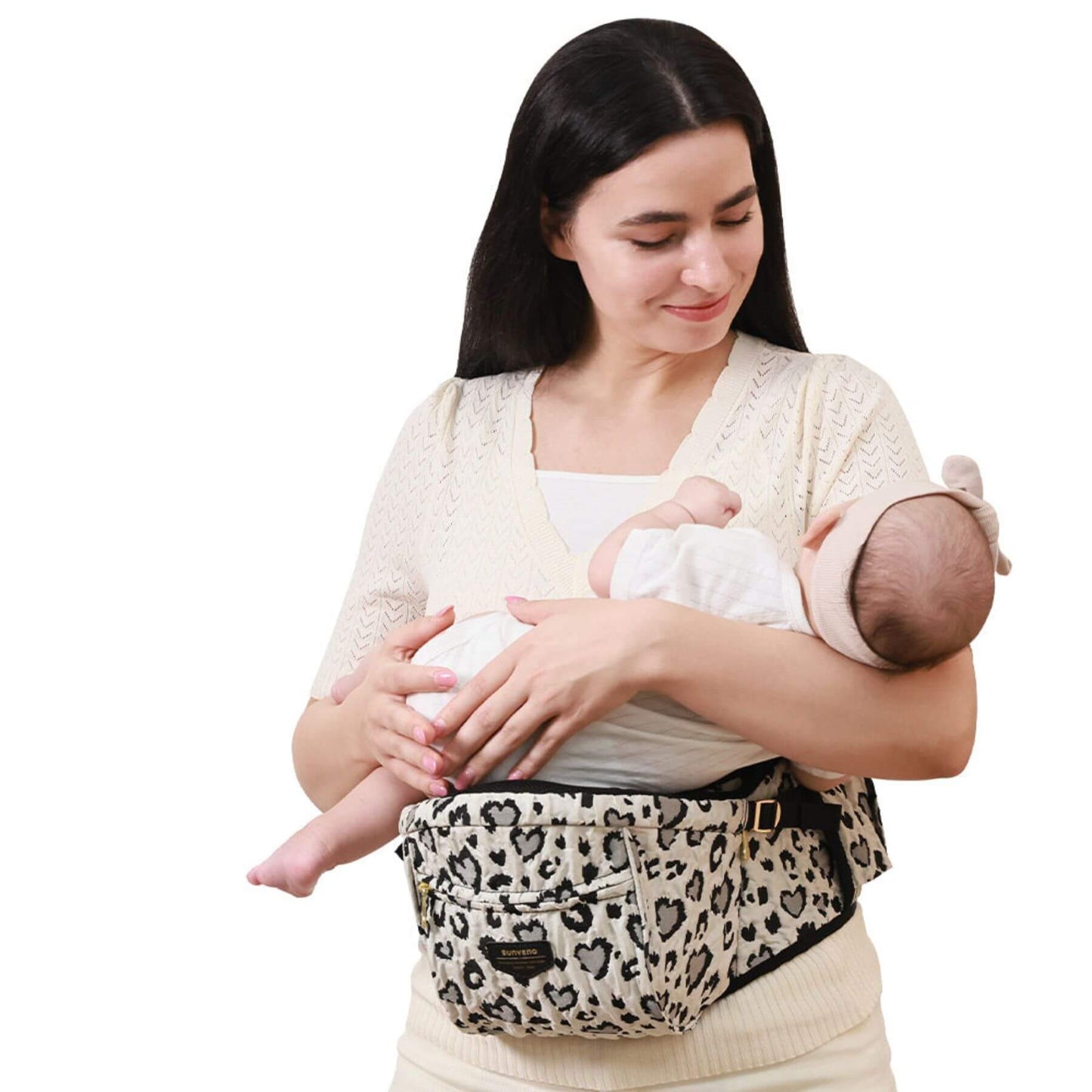 Woman holding a baby in Sunveno Easy Hold Baby Hipseat Carrier