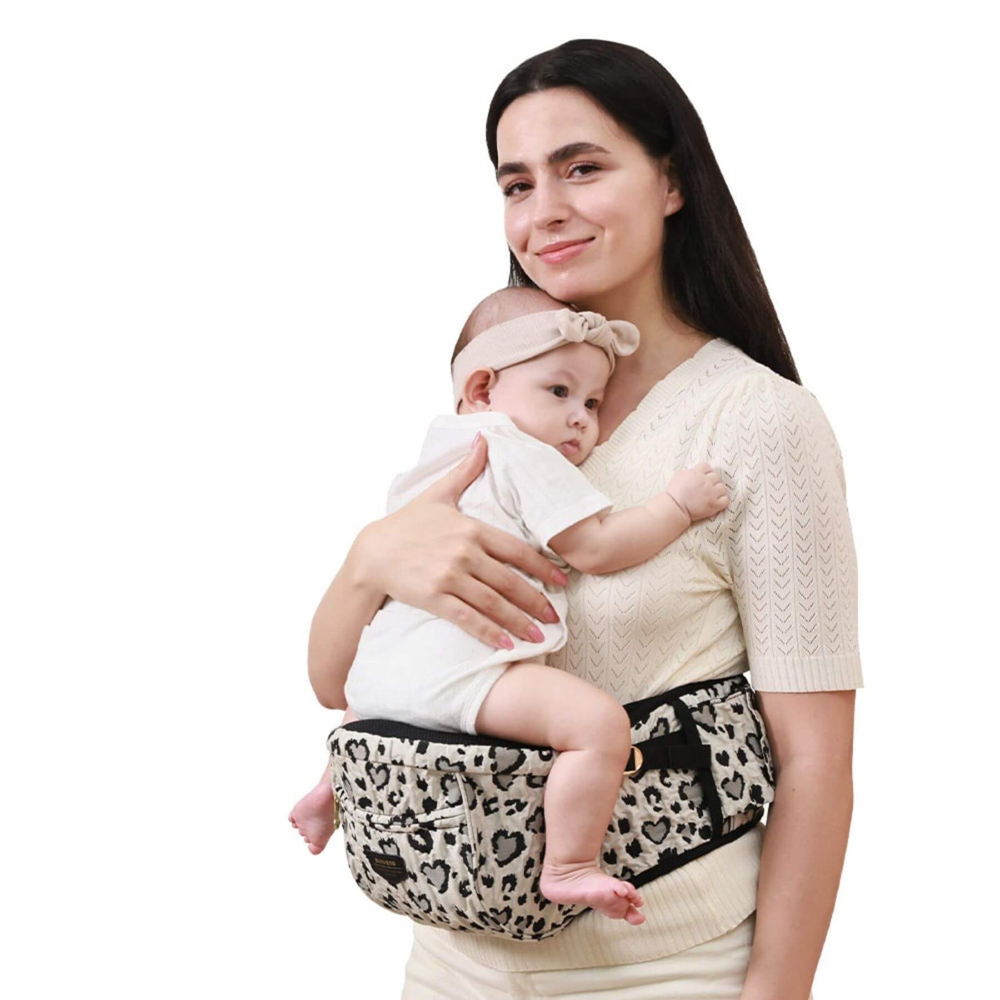 Woman holding a baby in Sunveno Easy Hold Baby Hipseat Carrier