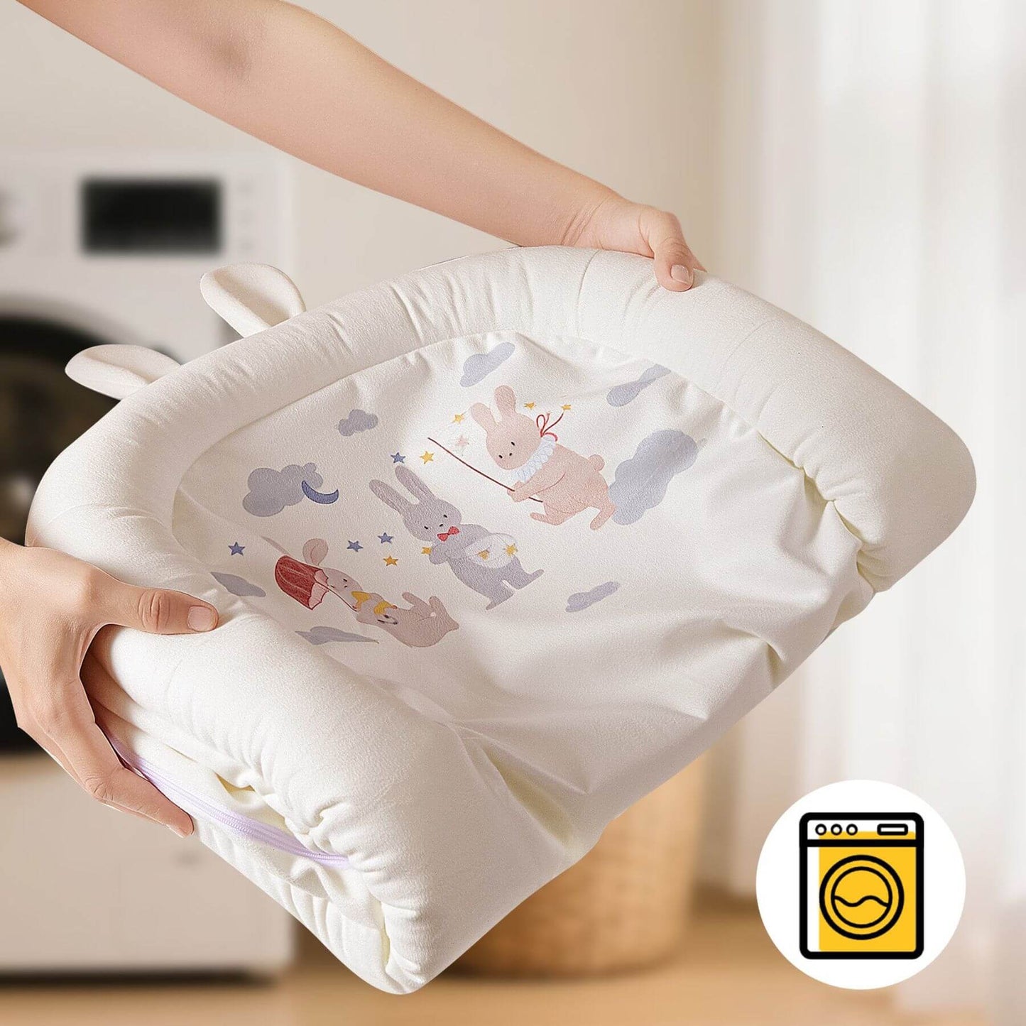 Holding Sunveno Baby Lounger for Newborns - White