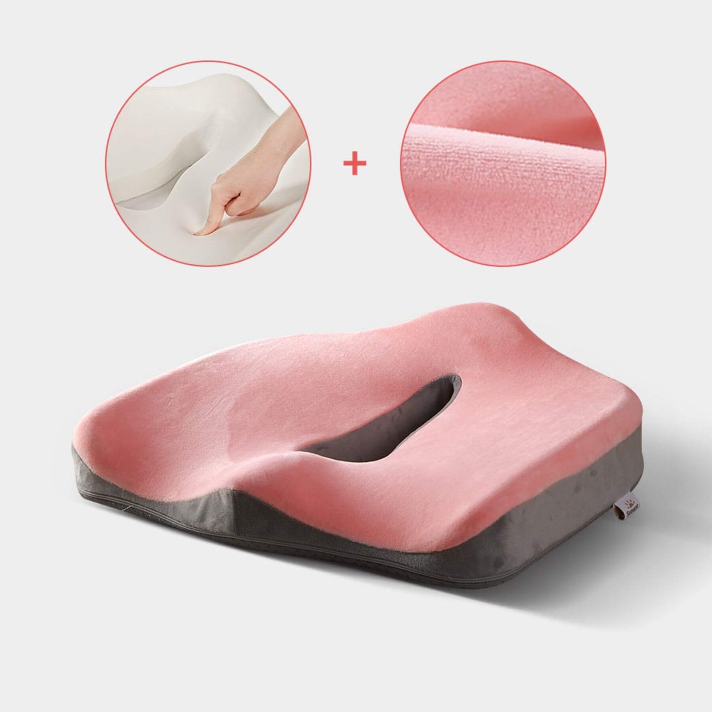 Sunveno Memory Foam Seat Cushion with close-up insets of texture and material on a white background