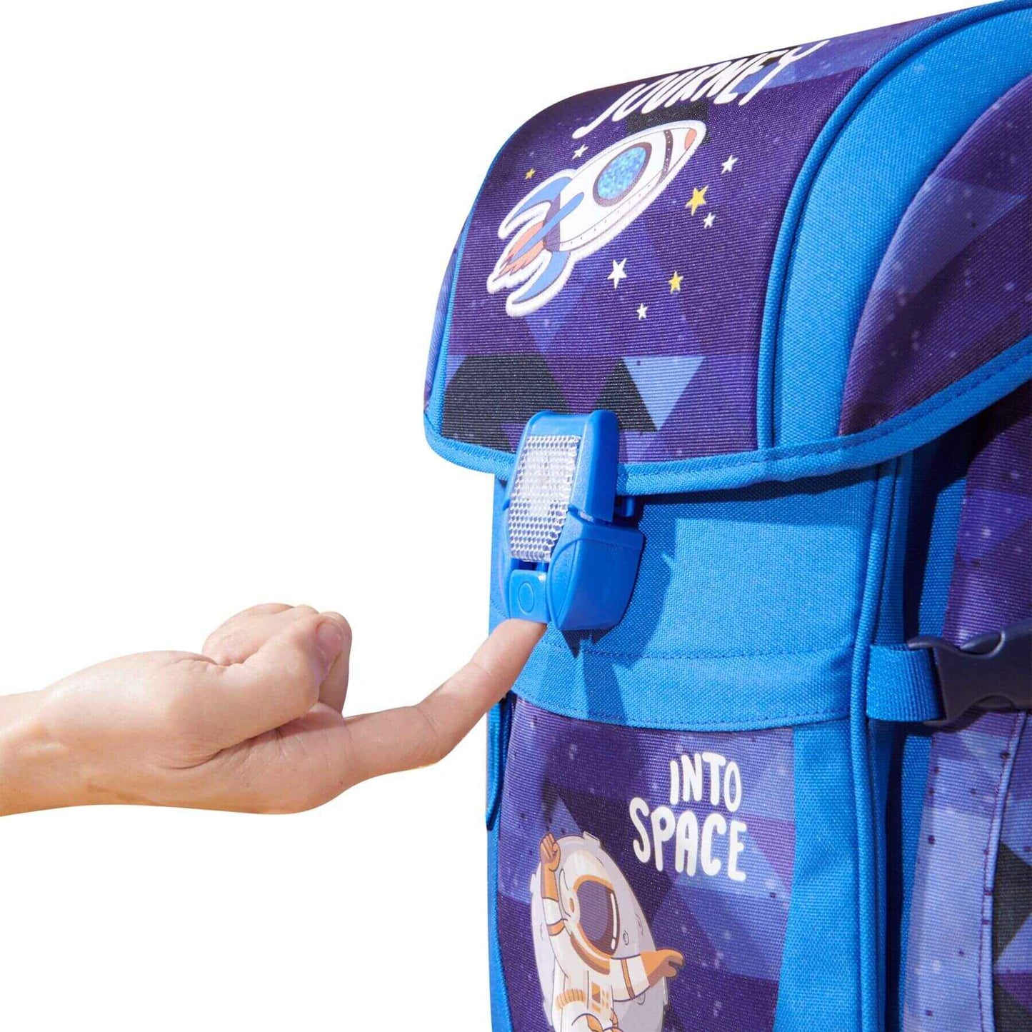 Sunveno Over-clip Kids School Backpack Blue and a hand interacting with it.