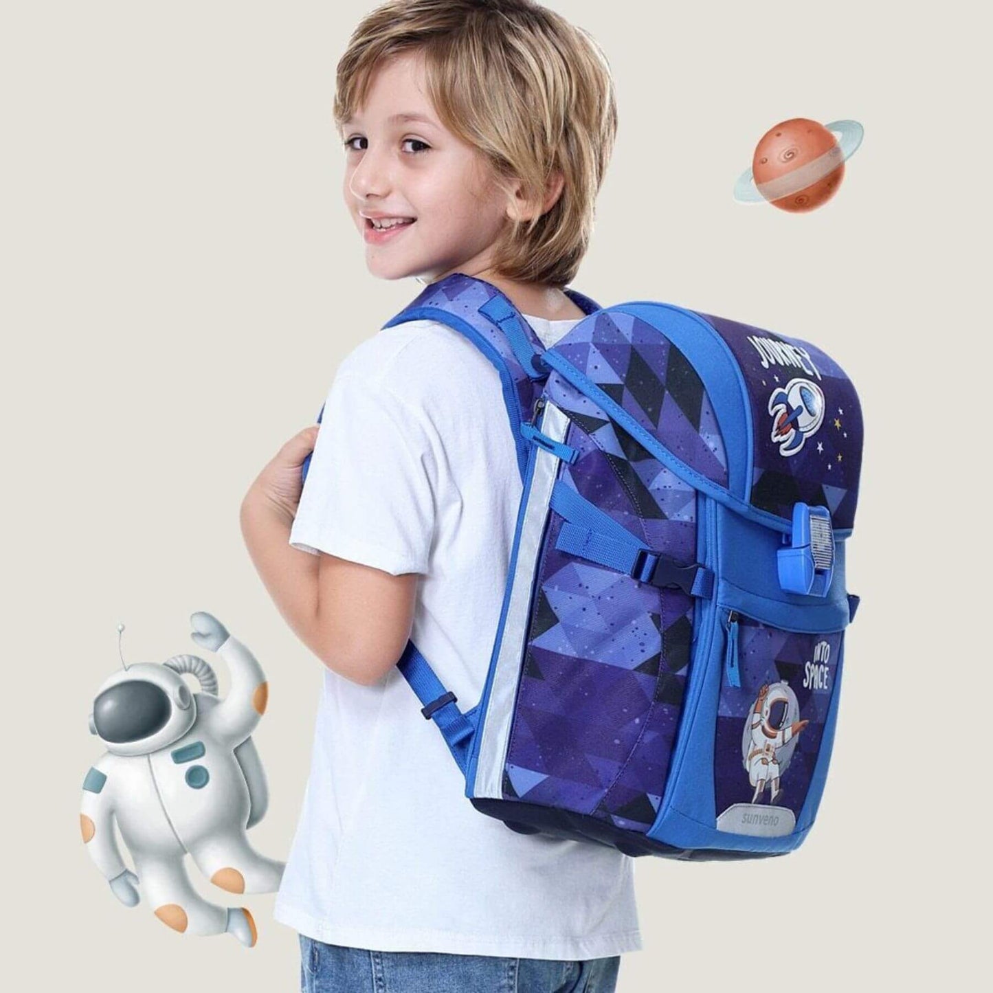 Child wearing Sunveno Over-clip Kids School Backpack Blue, standing against a plain background.