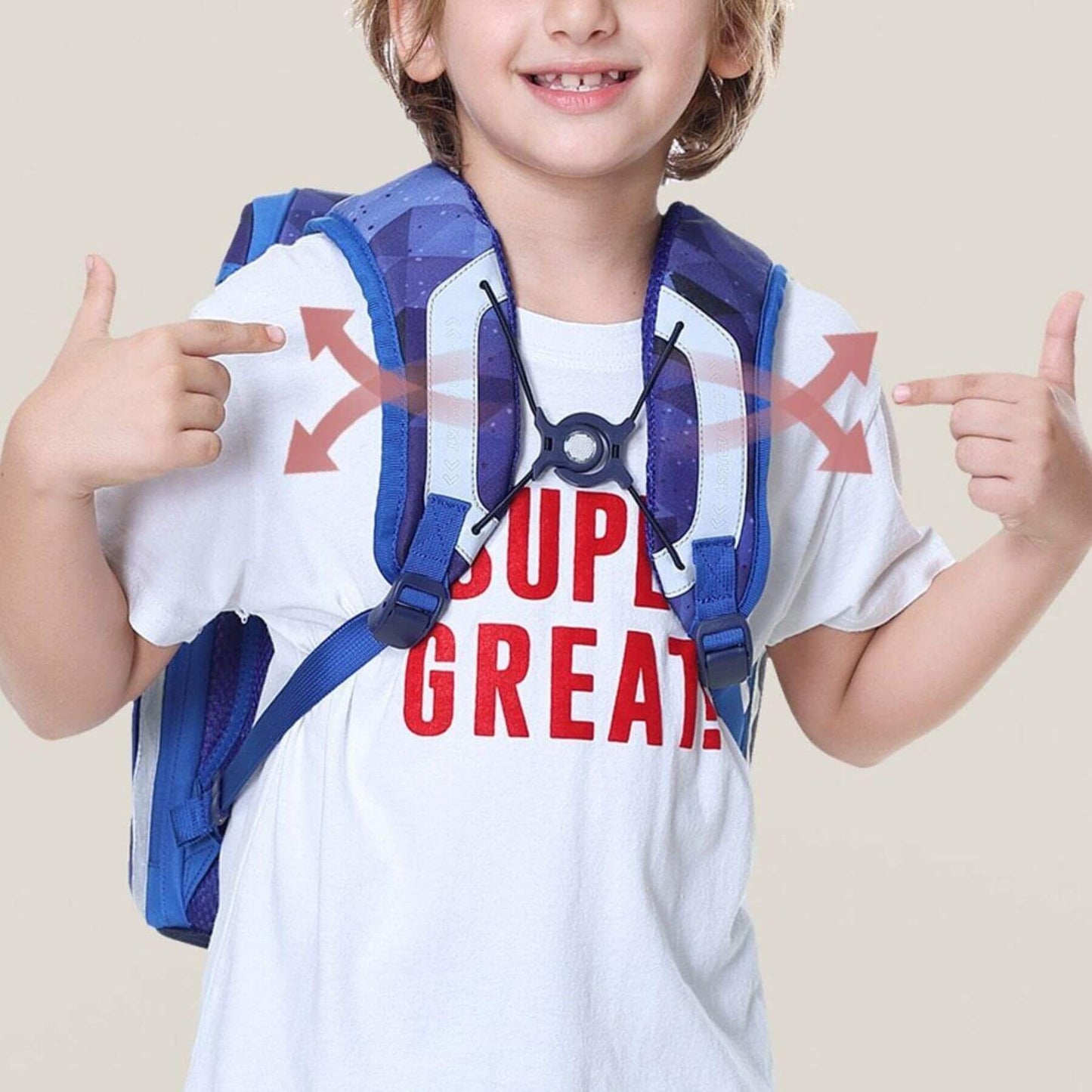 Child wearing a white t-shirt, blue Sunveno Over-clip Kids School Backpack Blue