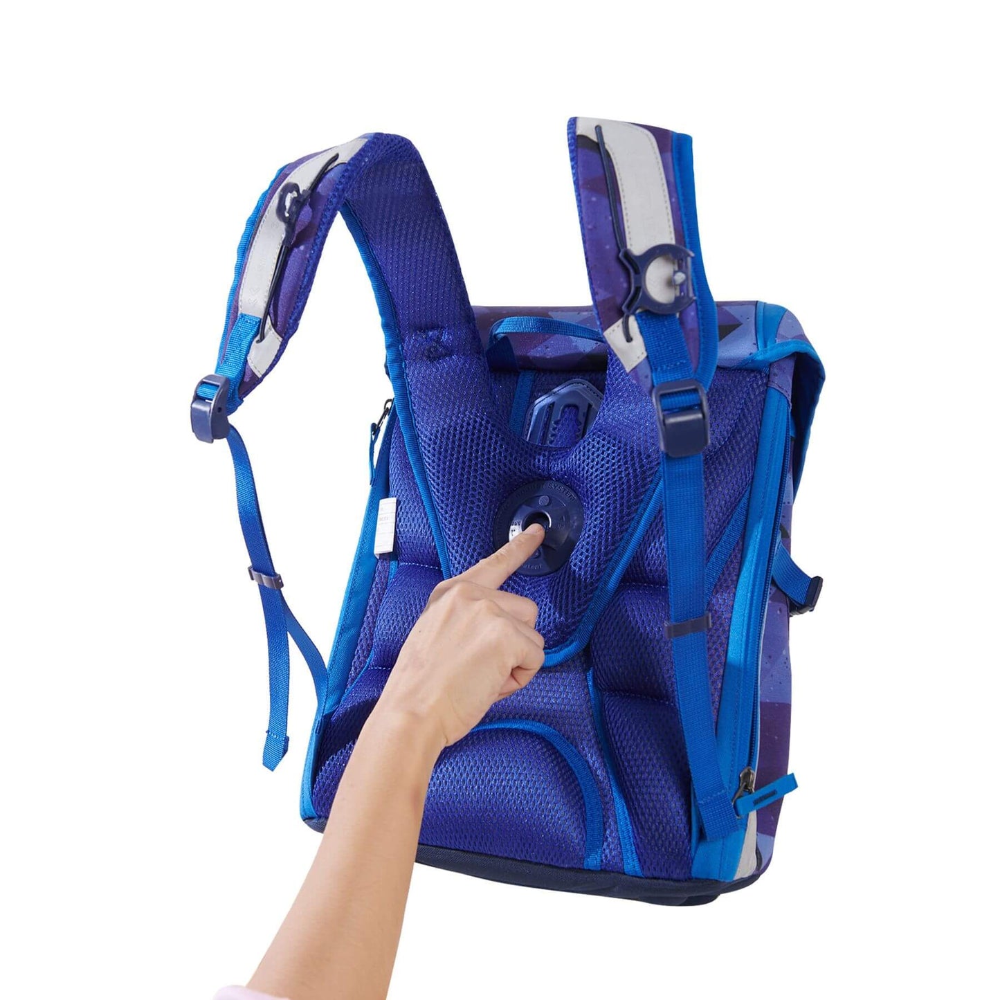 Sunveno Over-clip Kids School Backpack Blue with a hand pointing to a feature on a white background