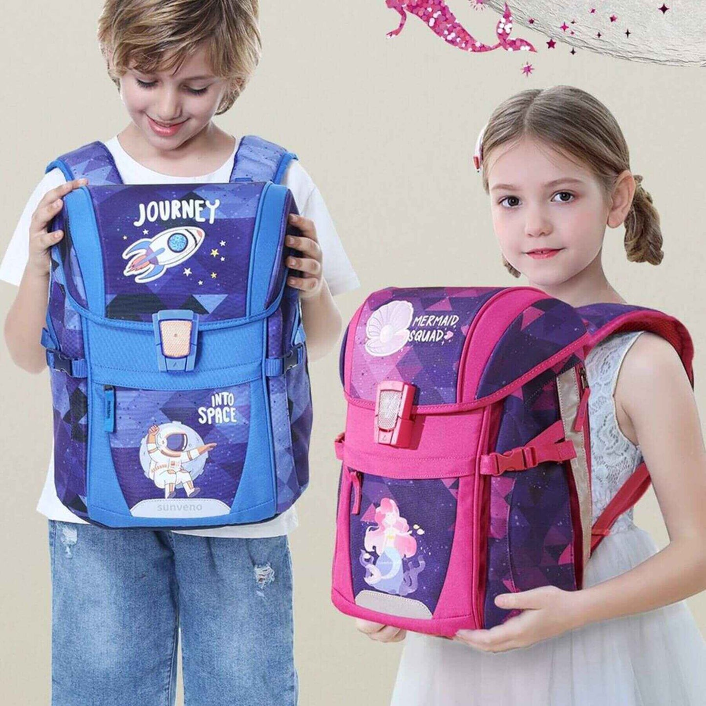 Two children holding Sunveno Over-clip Kids School Backpacks