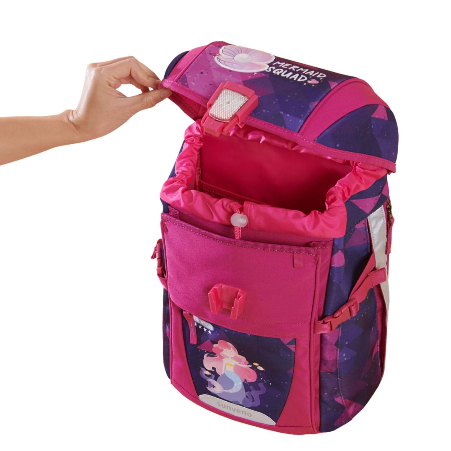 Sunveno Over-clip Kids School Backpack Pink, open to reveal interior.