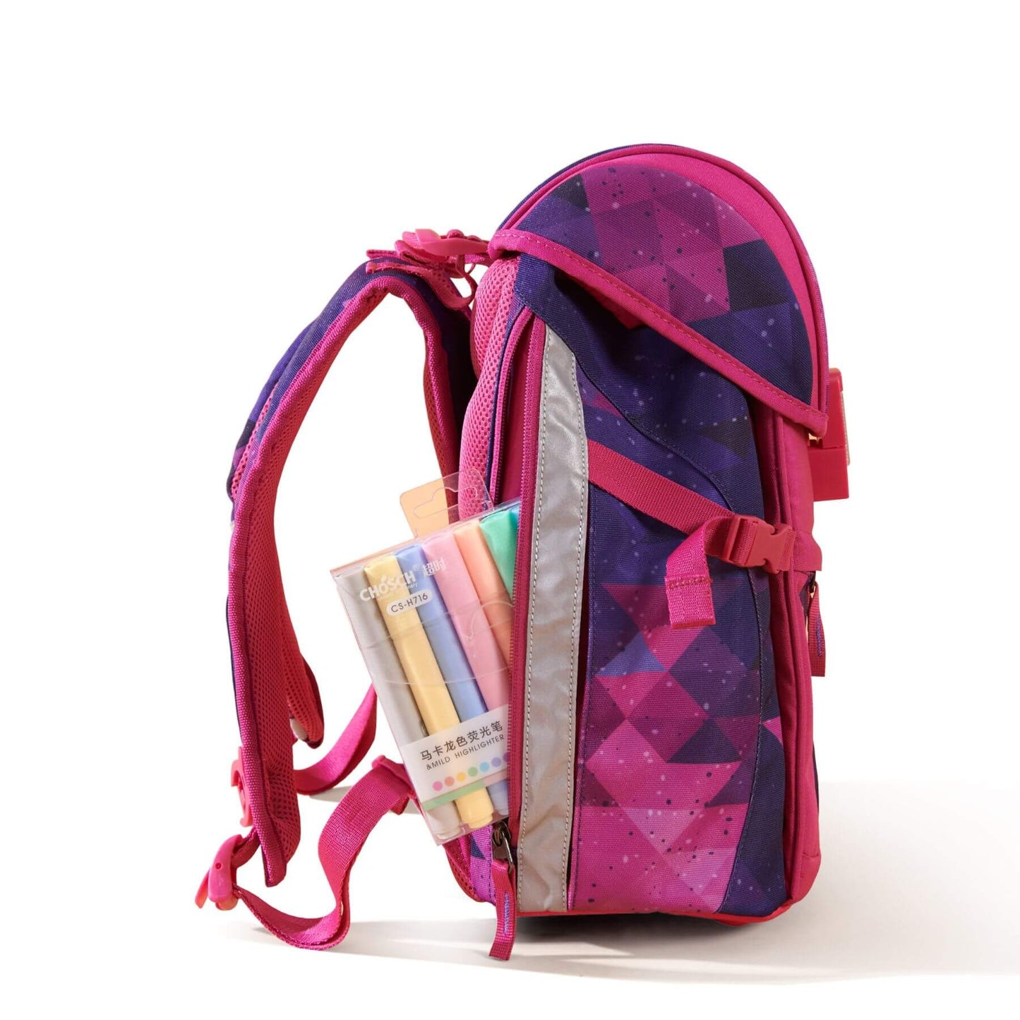 Sunveno Over-clip Kids School Backpack Pink with books inside on a white background