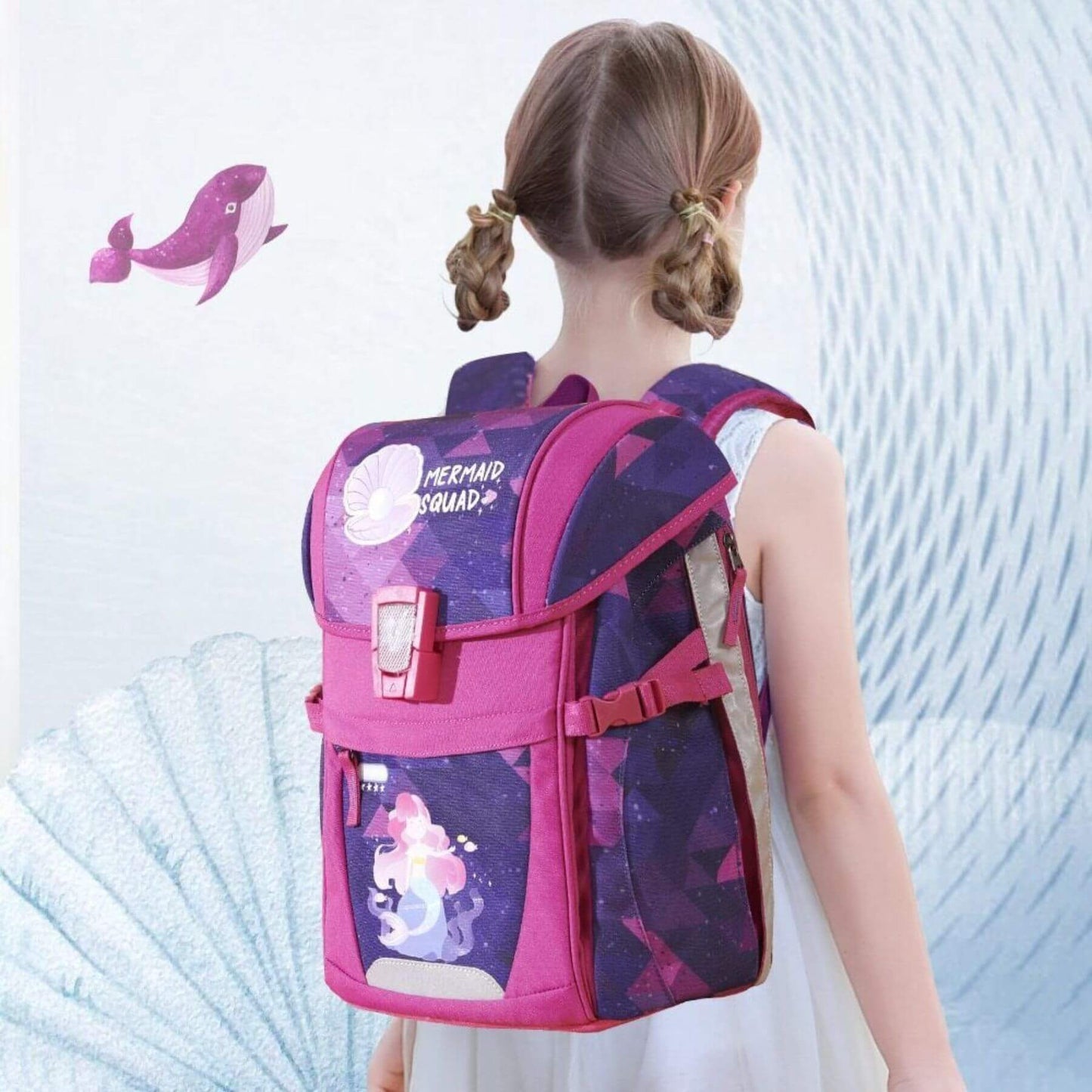 Girl wearing Sunveno Over-clip Kids School Backpack Pink