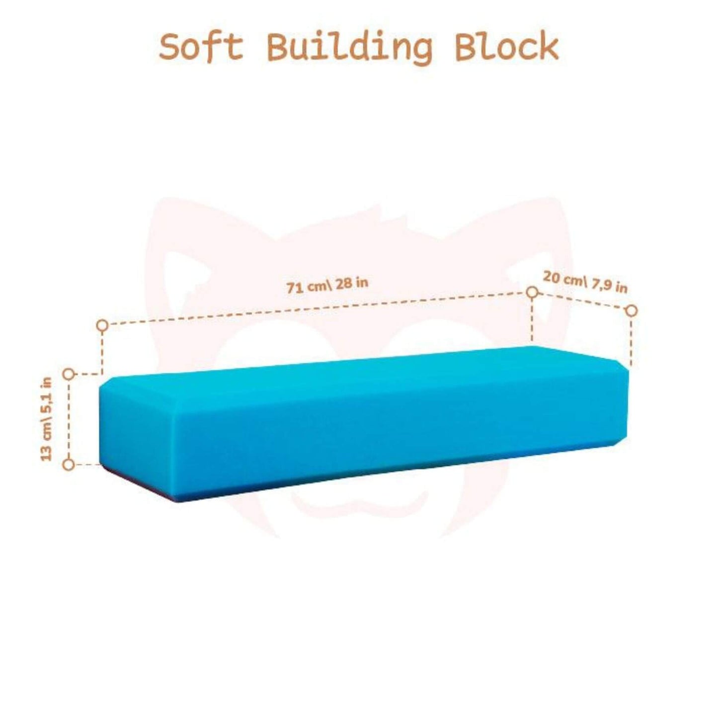 Blue soft building block with measurements on a white background