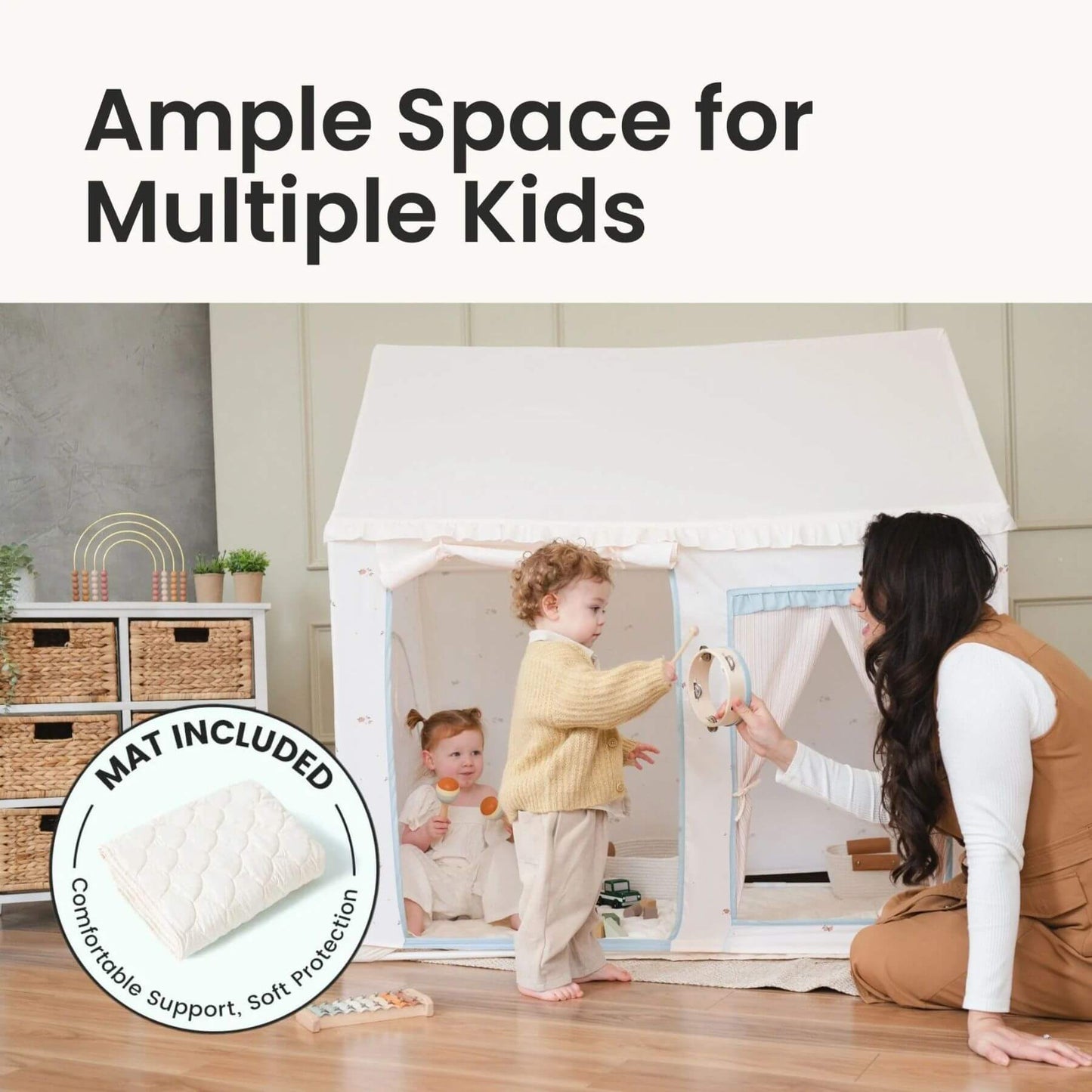Children playing inside Tiny Land® Sweet Citrus Kid's Play Tent - Creamy white/blue with a woman, emphasizing 'Ample Space for Multiple Kids' and 'Mat Included' on a light-colored floor.