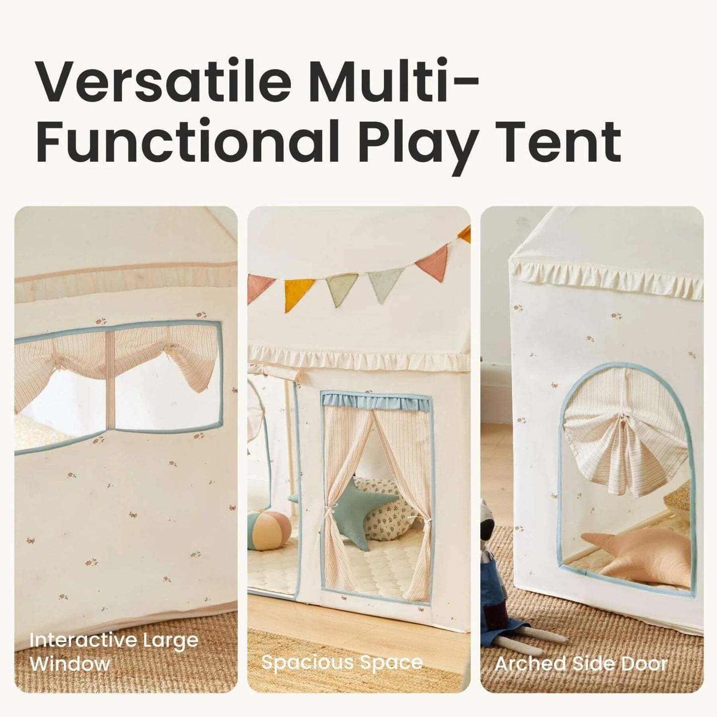 Versatile multi-functional play tent with interactive large window, spacious space, and arched side door.