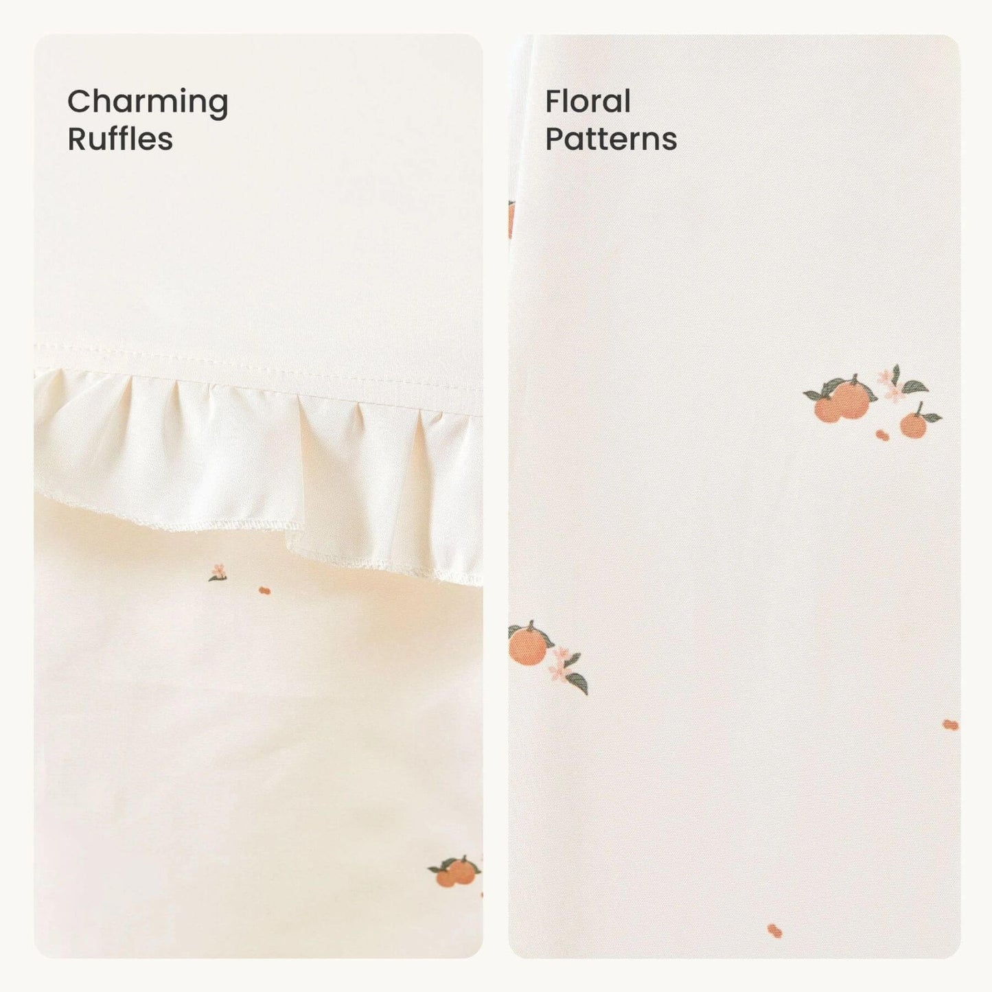 Two fabric swatches labeled 'Charming Ruffles' and 'Floral Patterns' on a white background.
