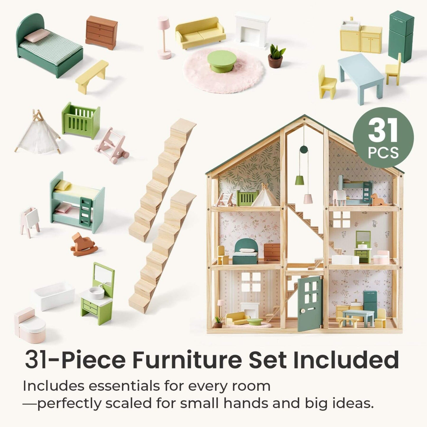 Set of miniature dollhouse furniture with a wooden dollhouse and '31 PCS' label.