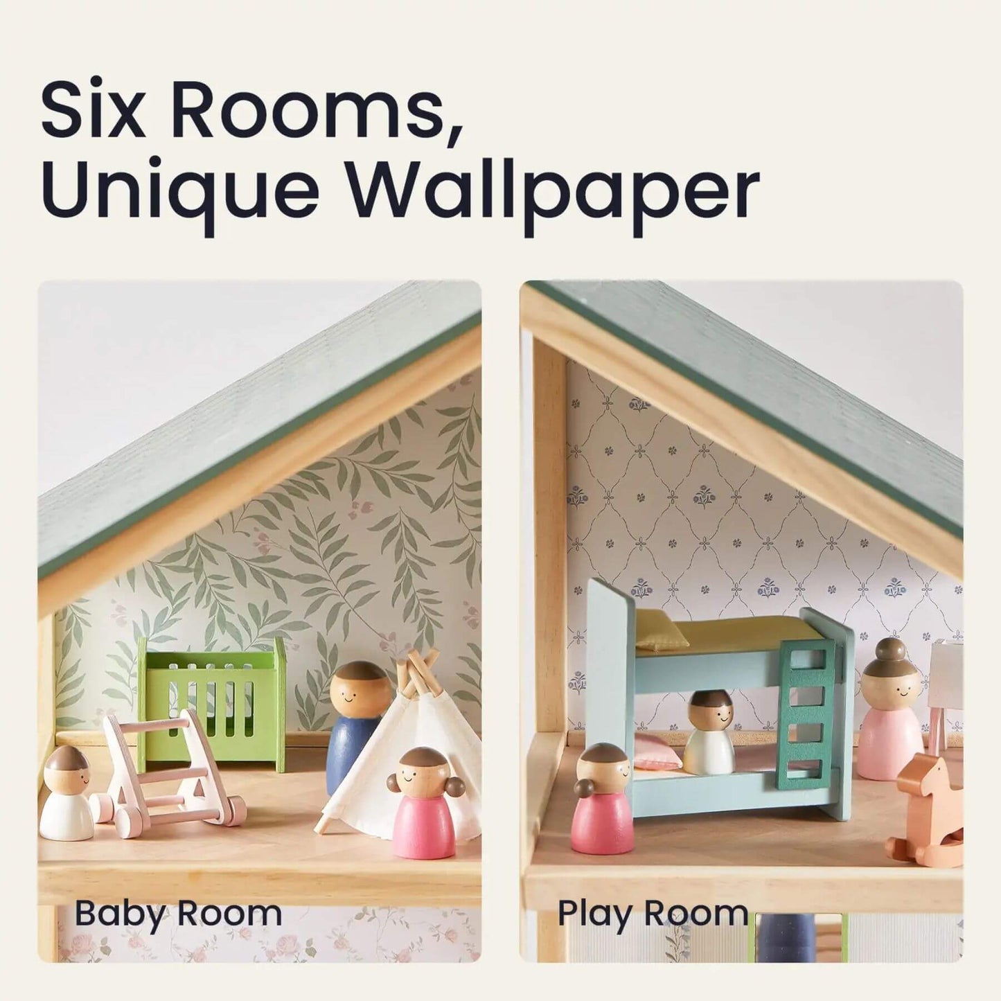 Wooden dollhouse with two rooms labeled 'Baby Room' and 'Play Room' featuring unique wallpaper.