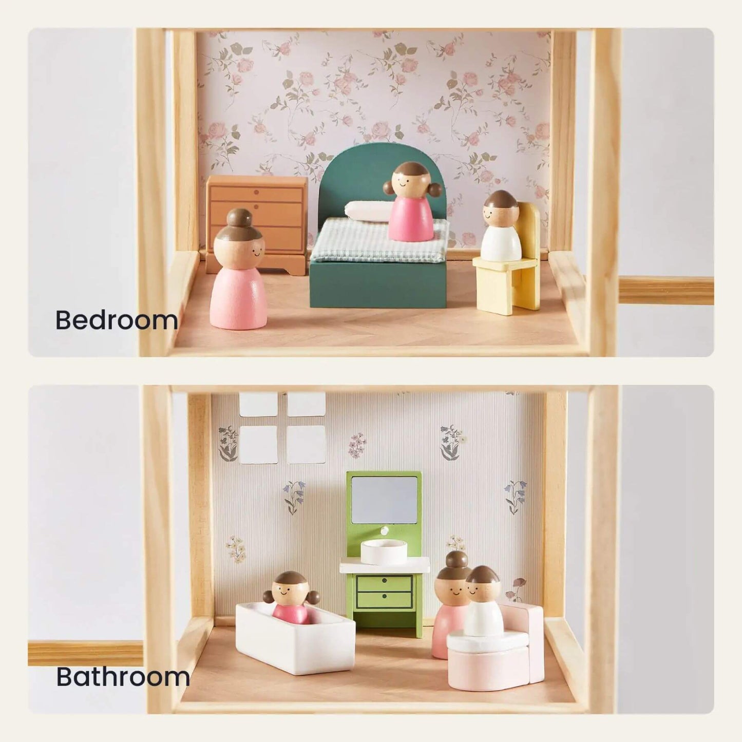 Wooden dollhouse with miniature furniture and dolls, labeled 'Bedroom' and 'Bathroom'.