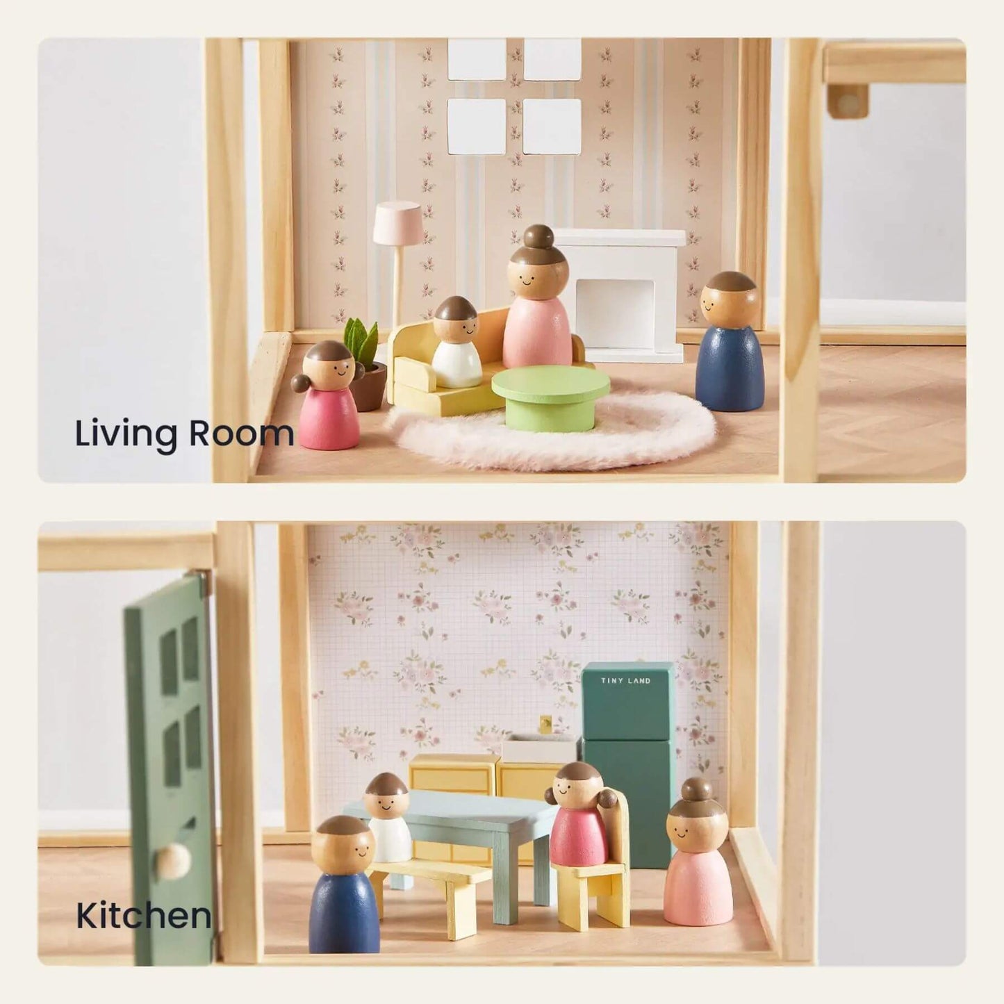 Wooden toy figures in a living room and kitchen setup with furniture and decor.