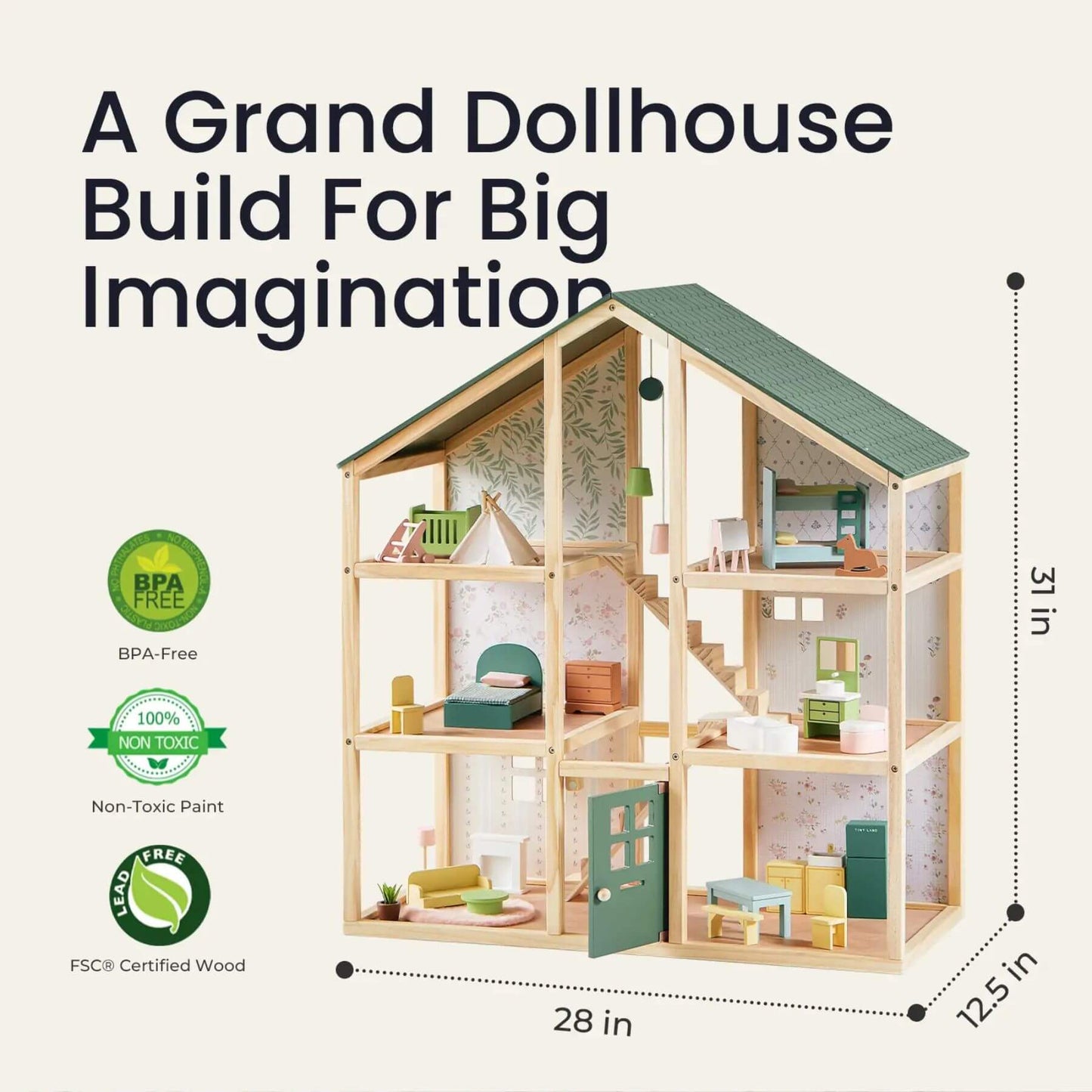 Sweetwood Evergreen Dollhouse, labeled 'A Grand Dollhouse Build For Big Imagination', featuring dimensions and safety certification logos.