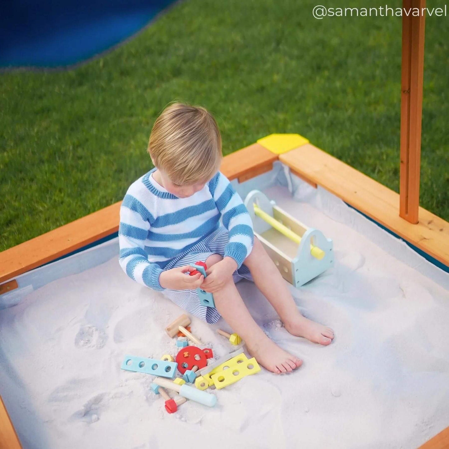 Boy Playing in Teamson Kids 4' Square Solid Wood Sandbox