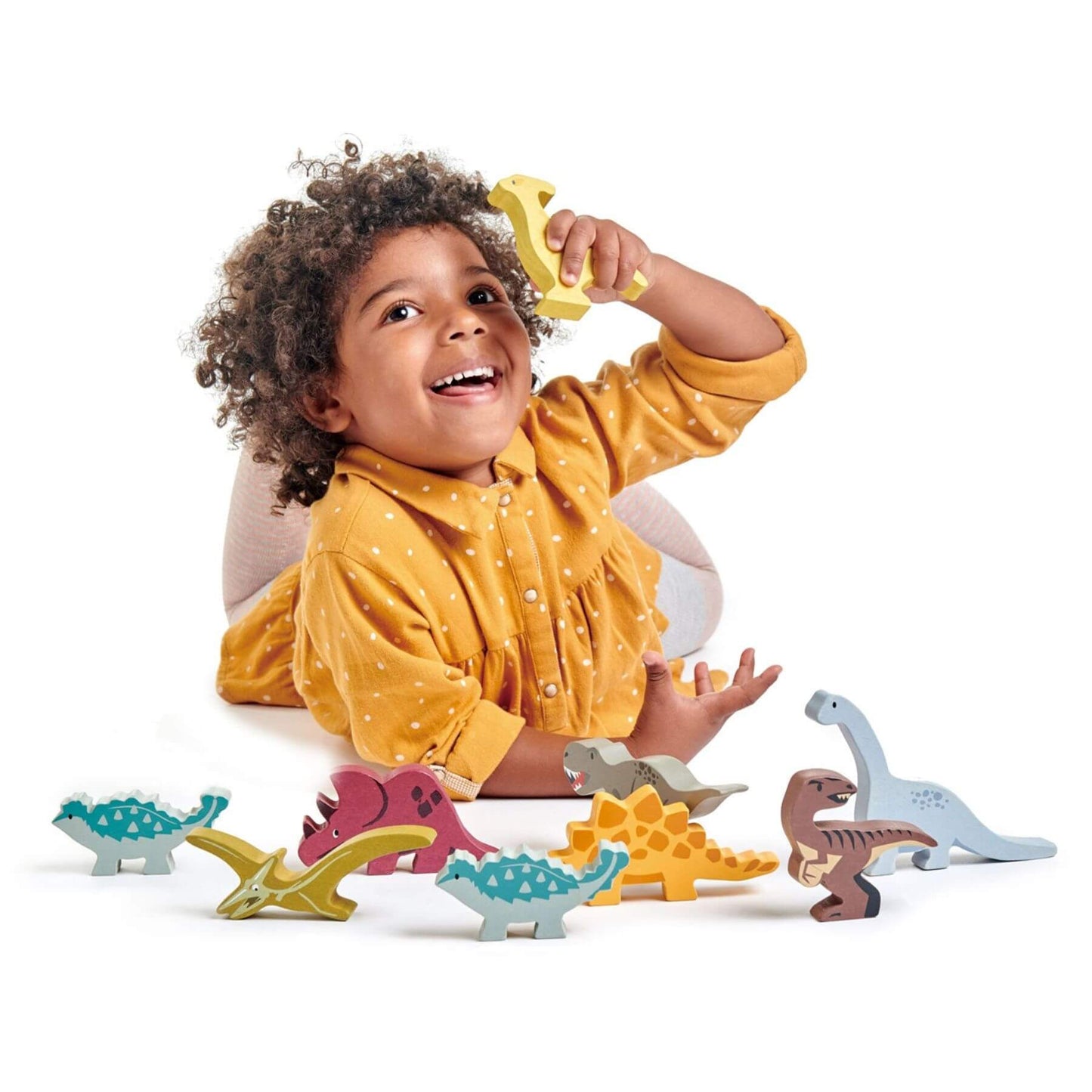 Child playing with Tender Leaf Dinosaurs on a white background