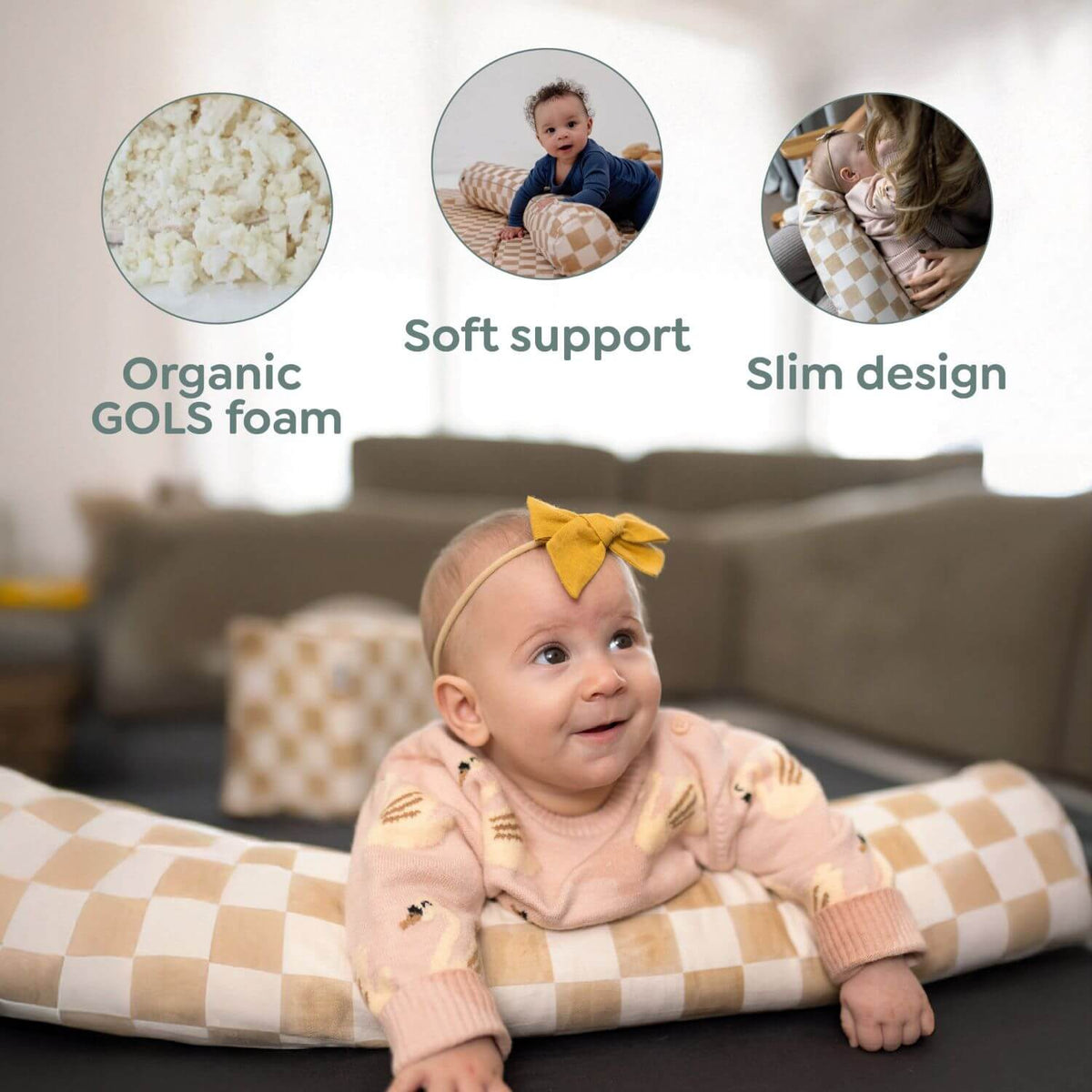 Baby lying on a checkered cushion with text highlighting organic foam, soft support, and slim design.
