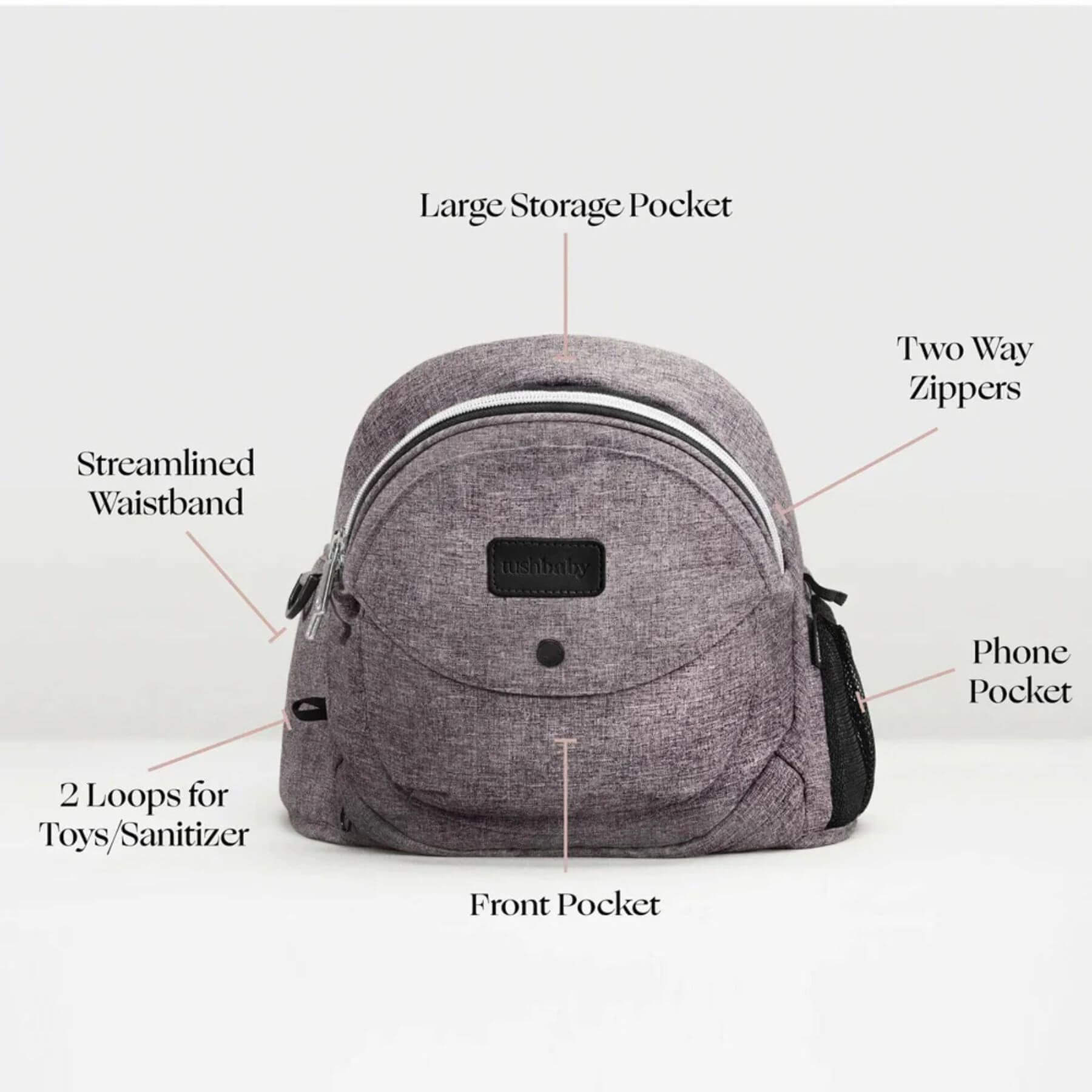 The Tushbaby Hip Carrier - Orchid with labeled features