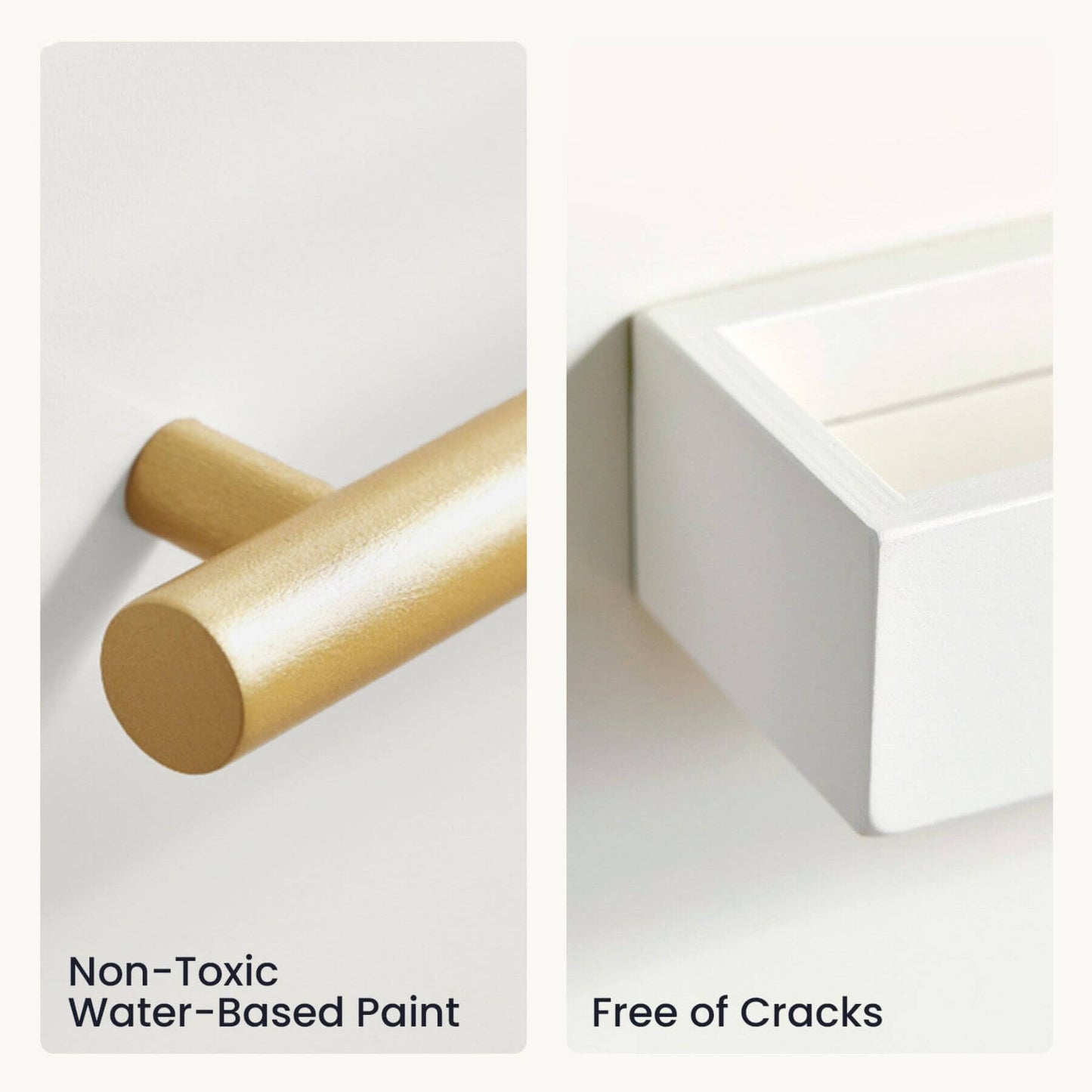 Wooden roller and white wall with text 'Non-Toxic Water-Based Paint' and 'Free of Cracks'.