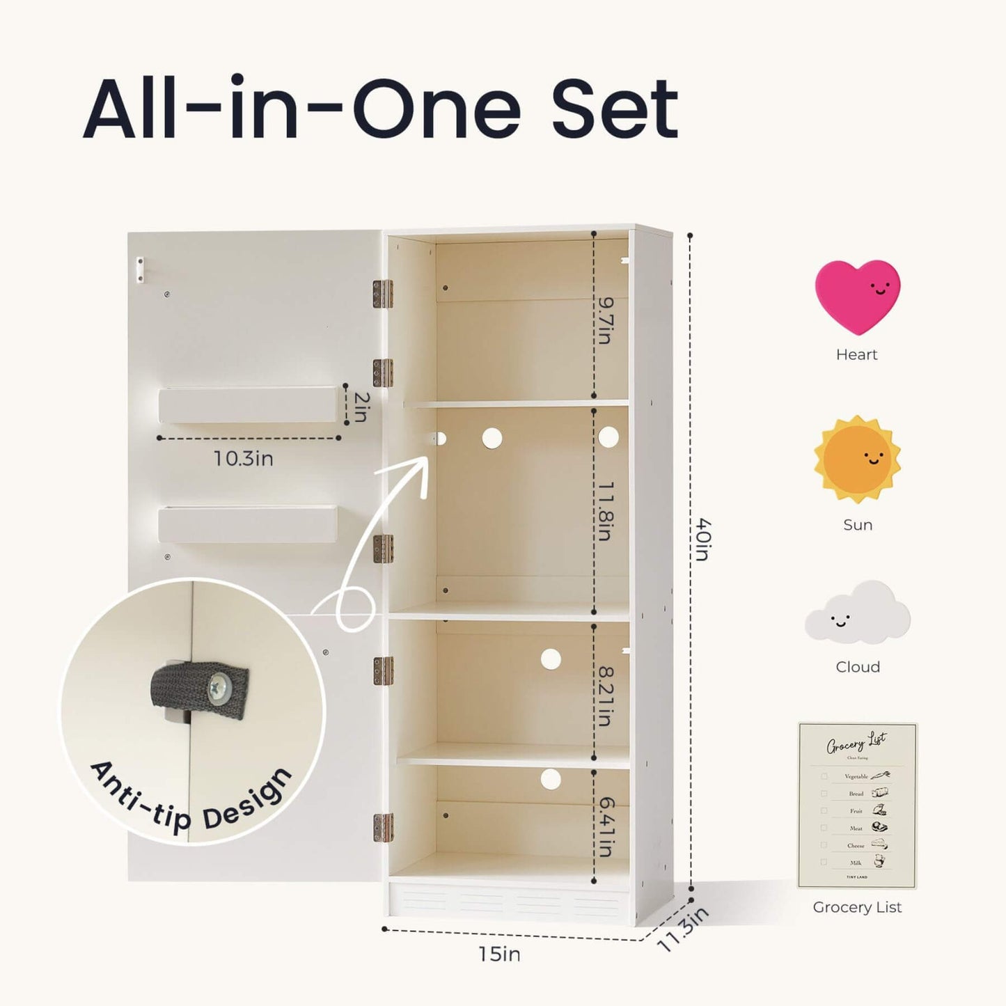 Measurement chart for Tiny Land® Cabinet Play Fridge with dimensions and features highlighted.